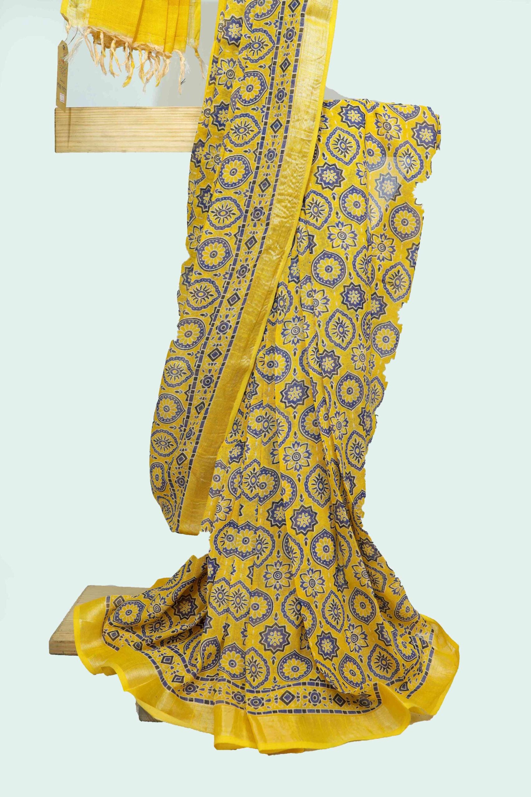 Linen Hand-Block Printed Saree(Ajrakh)