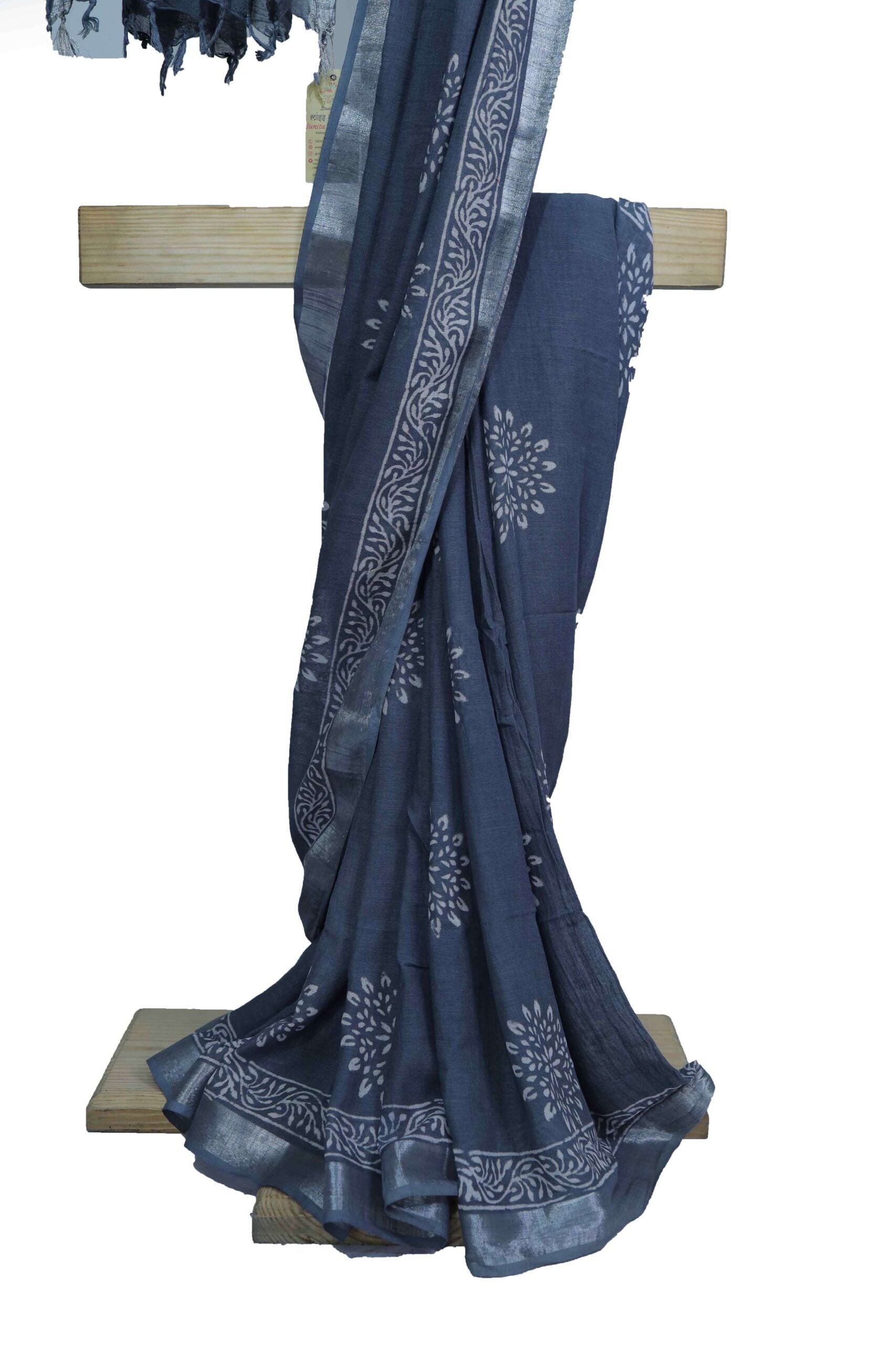 sky blue pure linen sanganeri block printed suit