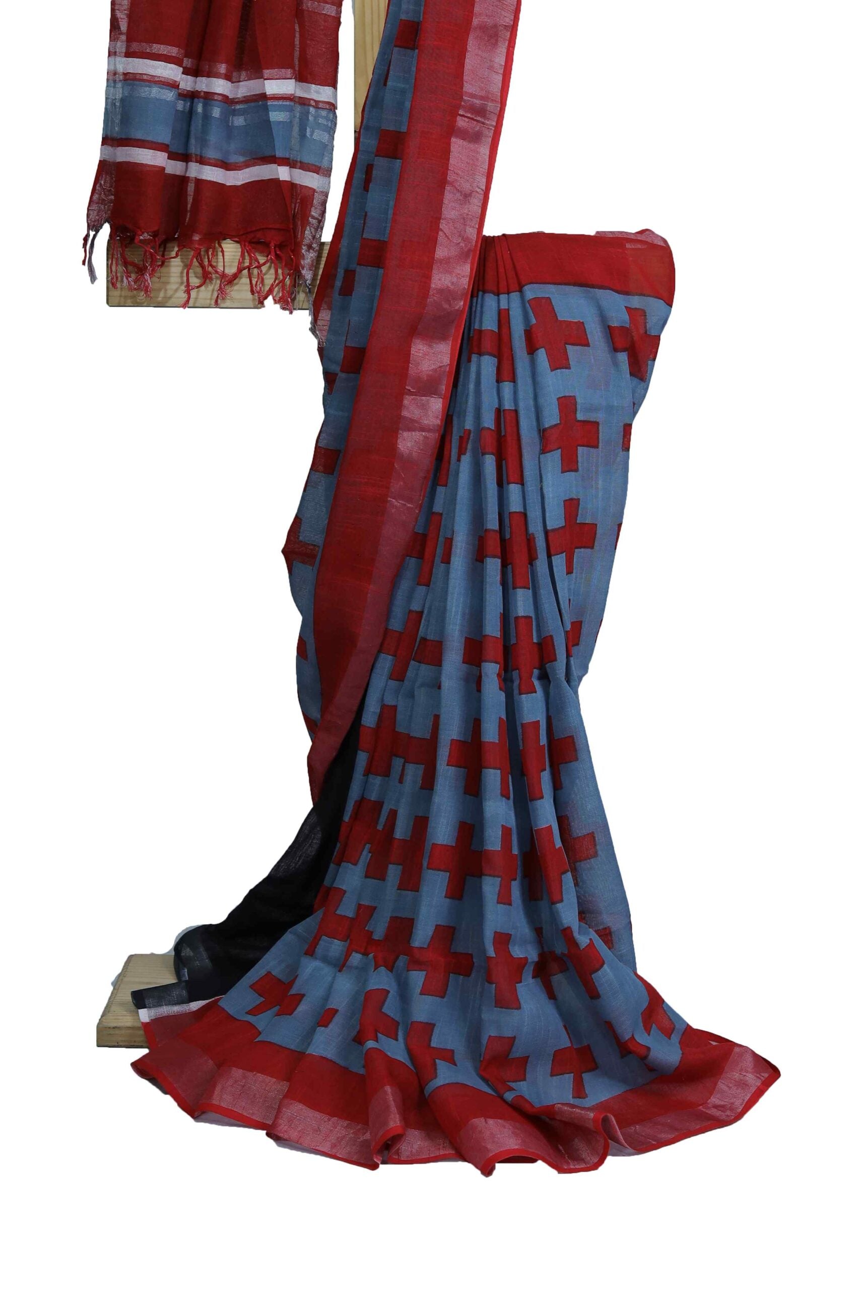 sky blue linen saree with zari work