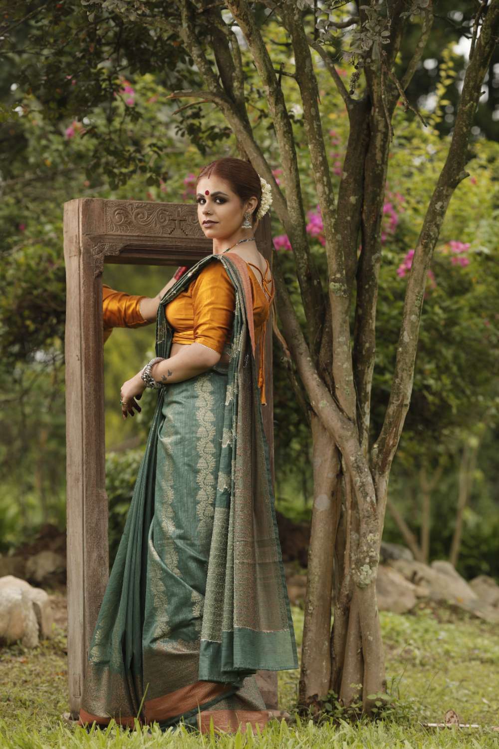 Green Linen Banarasi Silk Saree