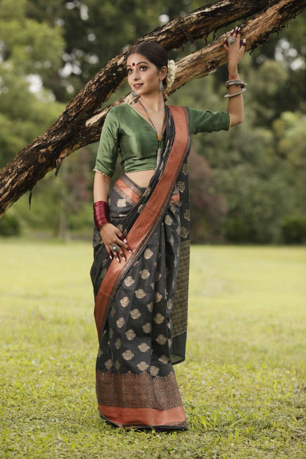 Black Linen Banarasi Silk Saree