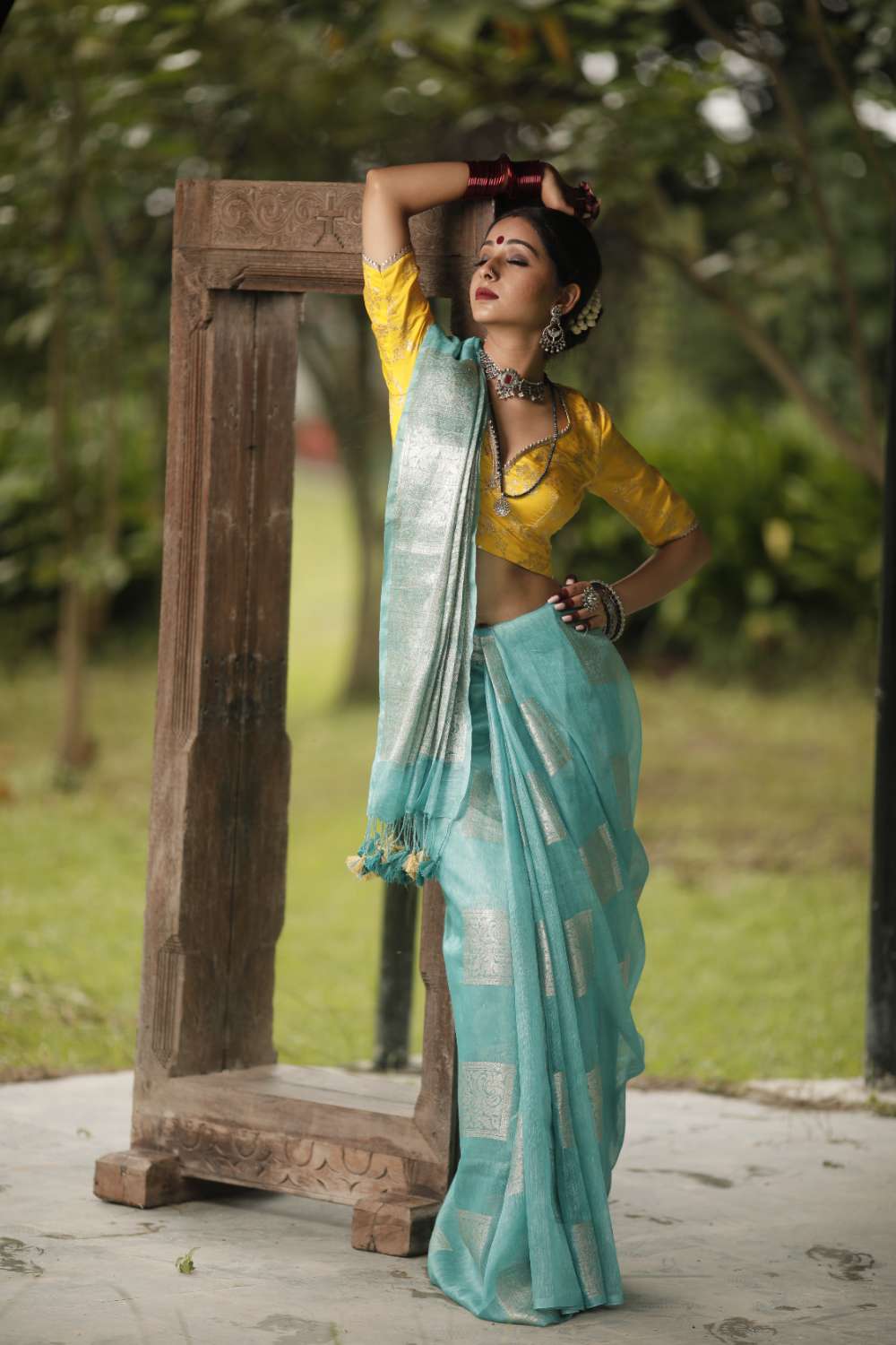 sky blue linen saree with zari work