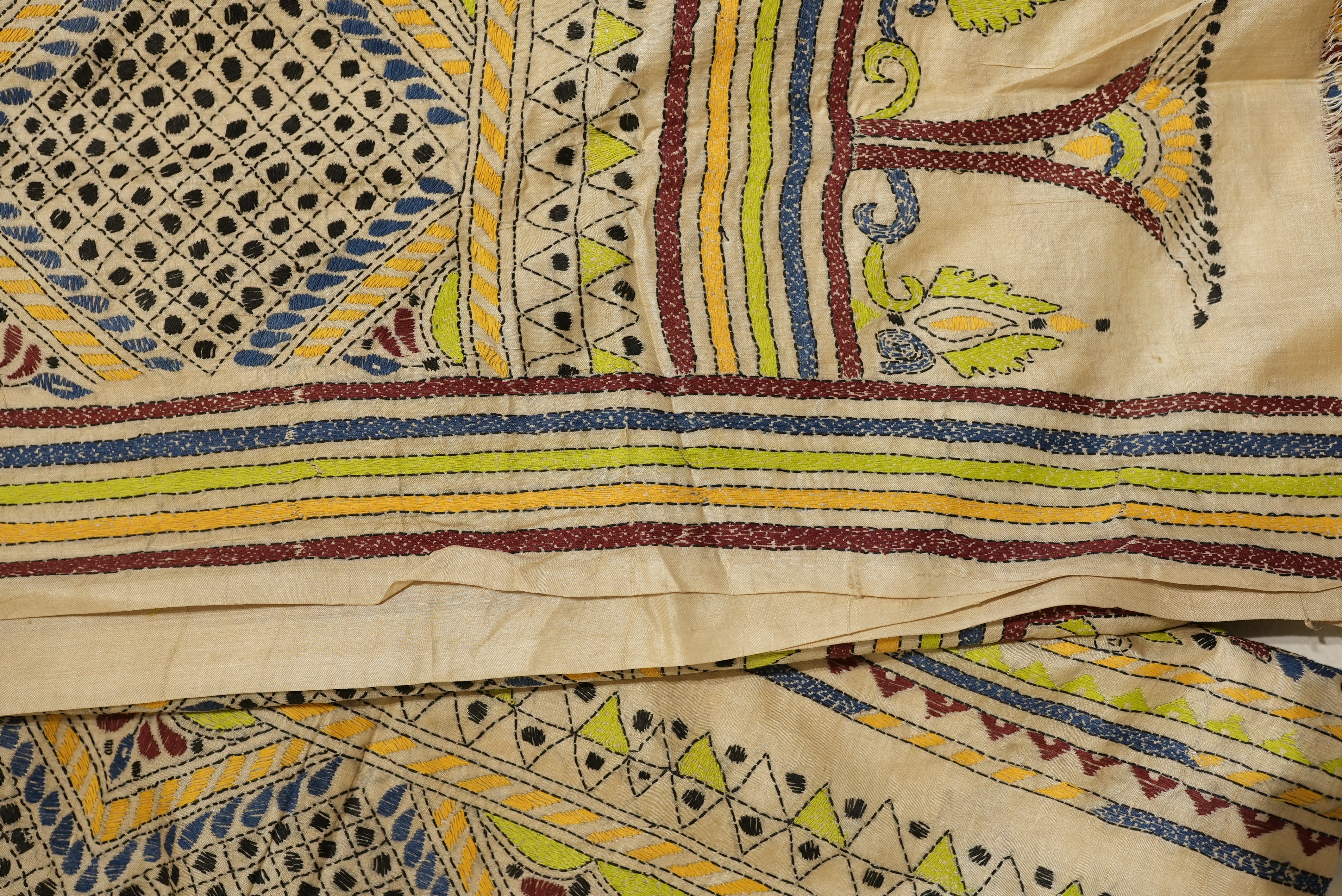 Beige tassar saree with full kantha work