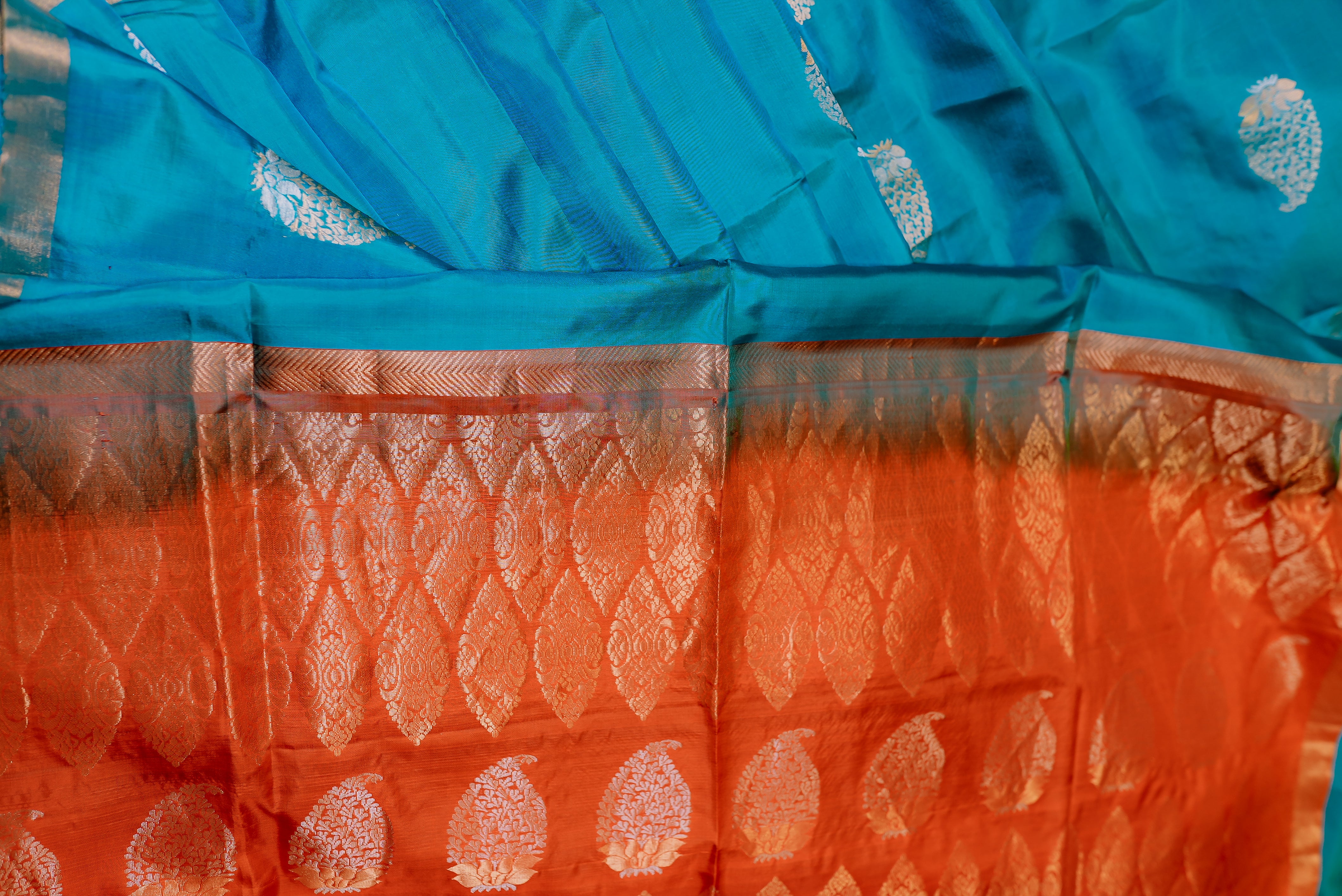 Blue with orange boarder banarasi