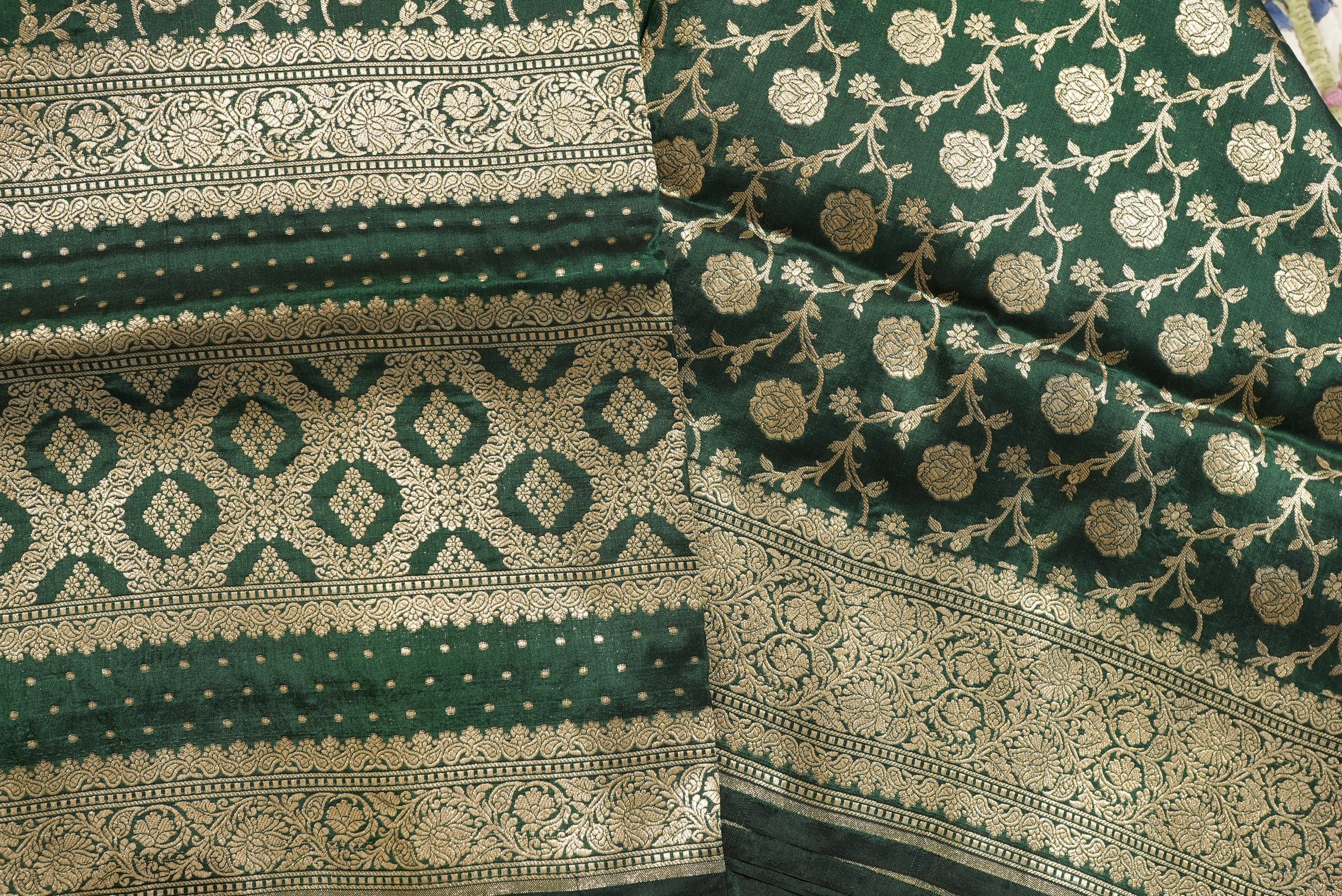 Bottle green banarasi saree with gold zari floral jaal and boarder