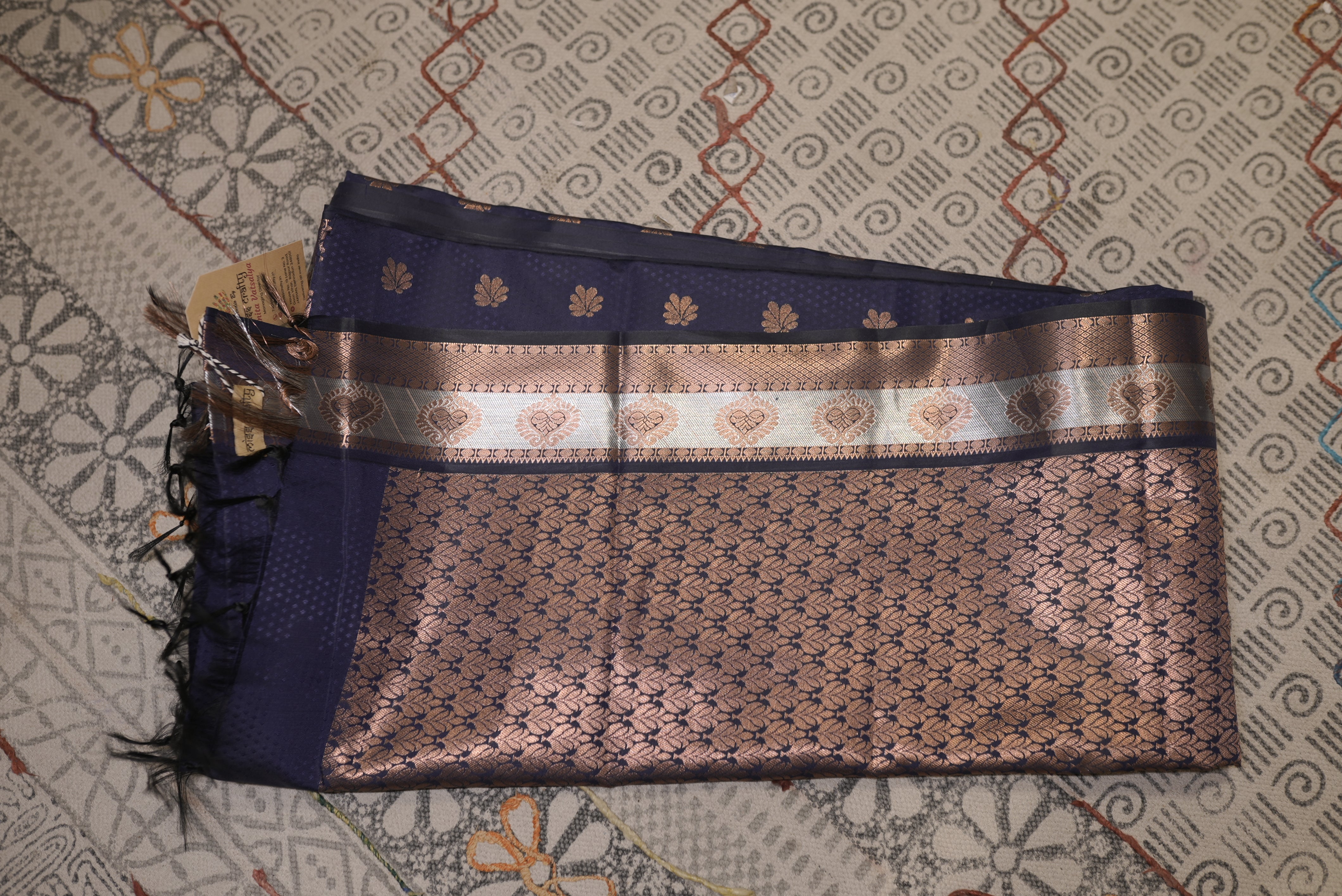 Dark blue with copper zari kanjiwaram
