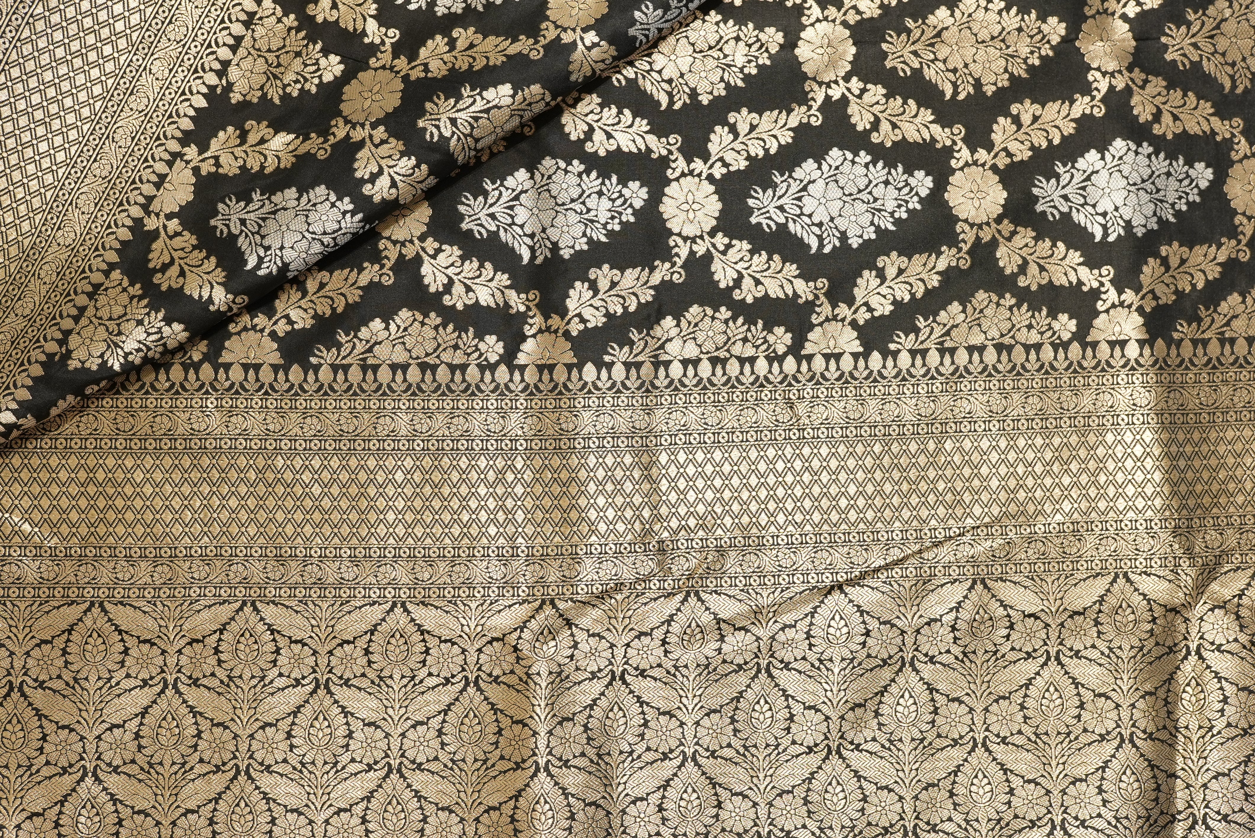 Black banarasi saree with zari motifs and boarder