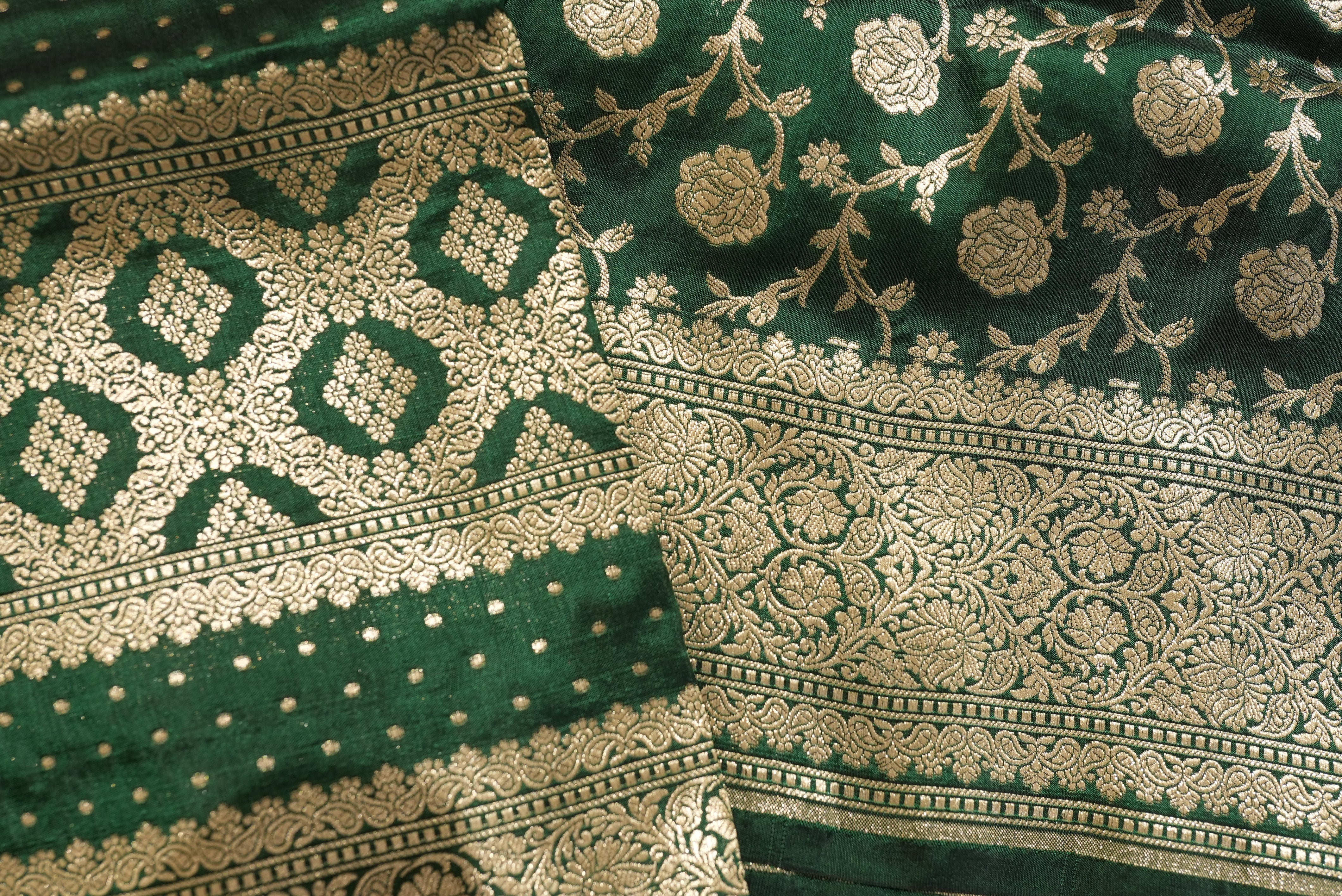 Bottle green banarasi saree with gold zari floral jaal and boarder