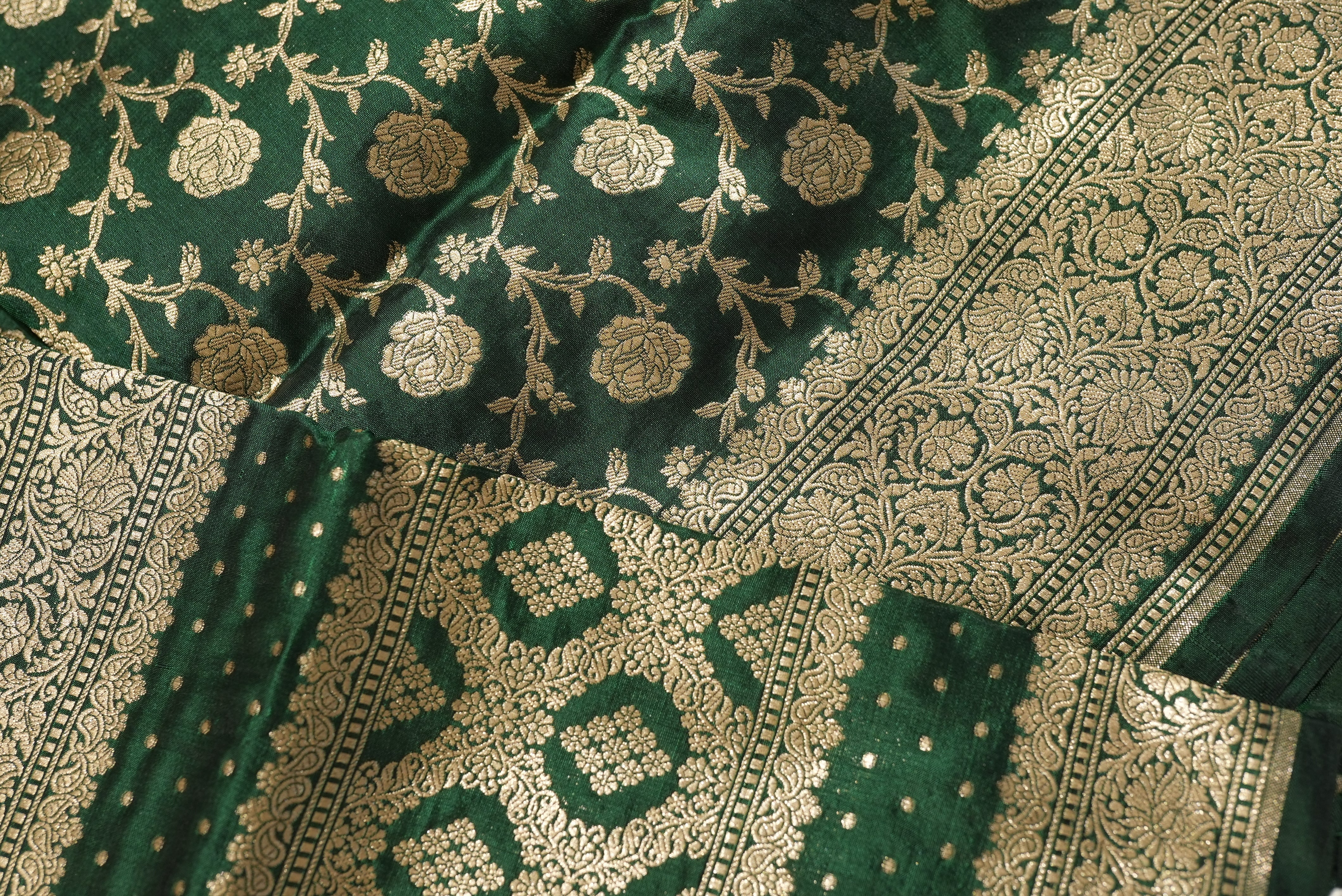 Bottle green banarasi saree with gold zari floral jaal and boarder