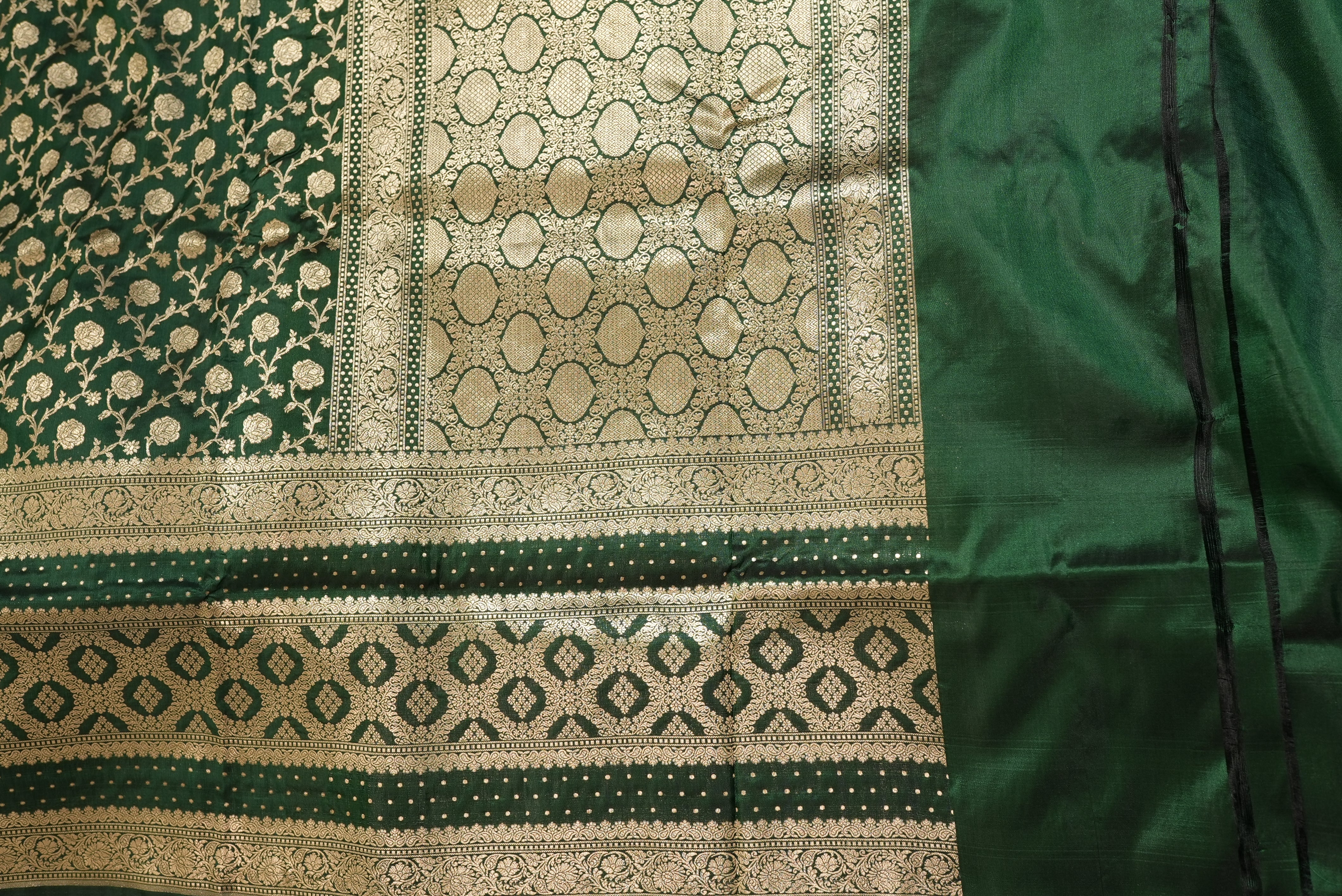 Bottle green banarasi saree with gold zari floral jaal and boarder