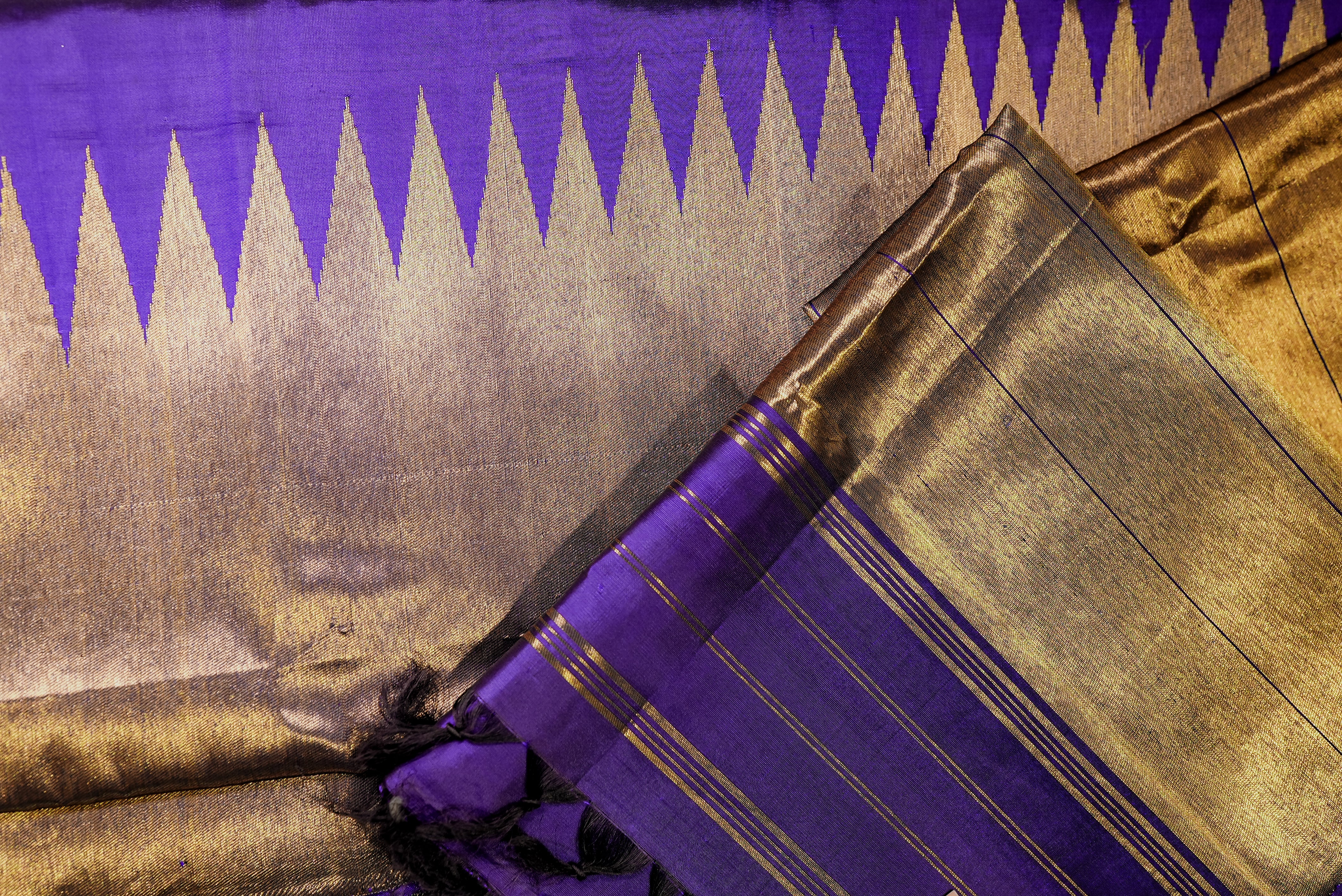 Purple kanjiwaram with golden rising boarder