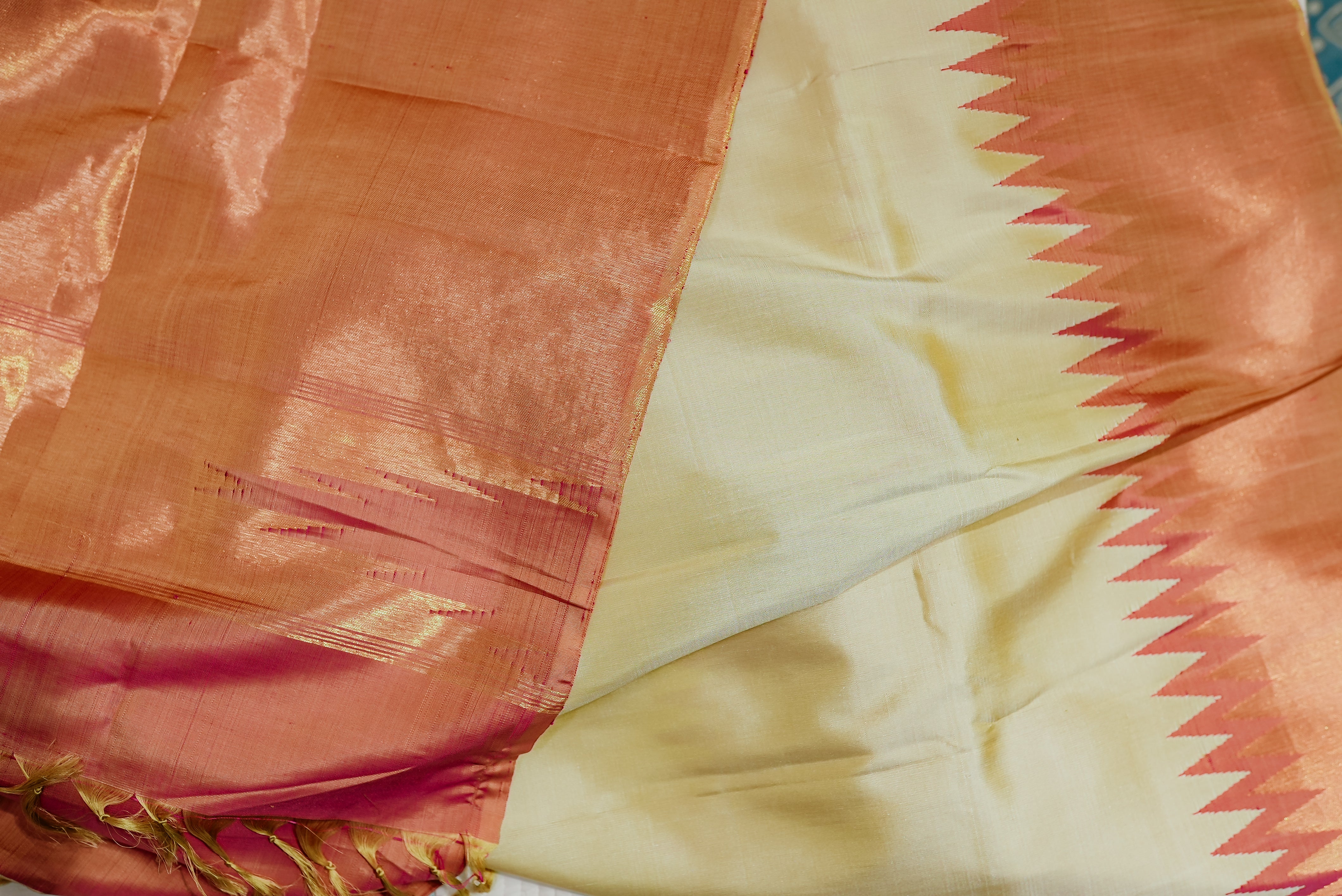 Beige moonga silk with golden but is and boarders