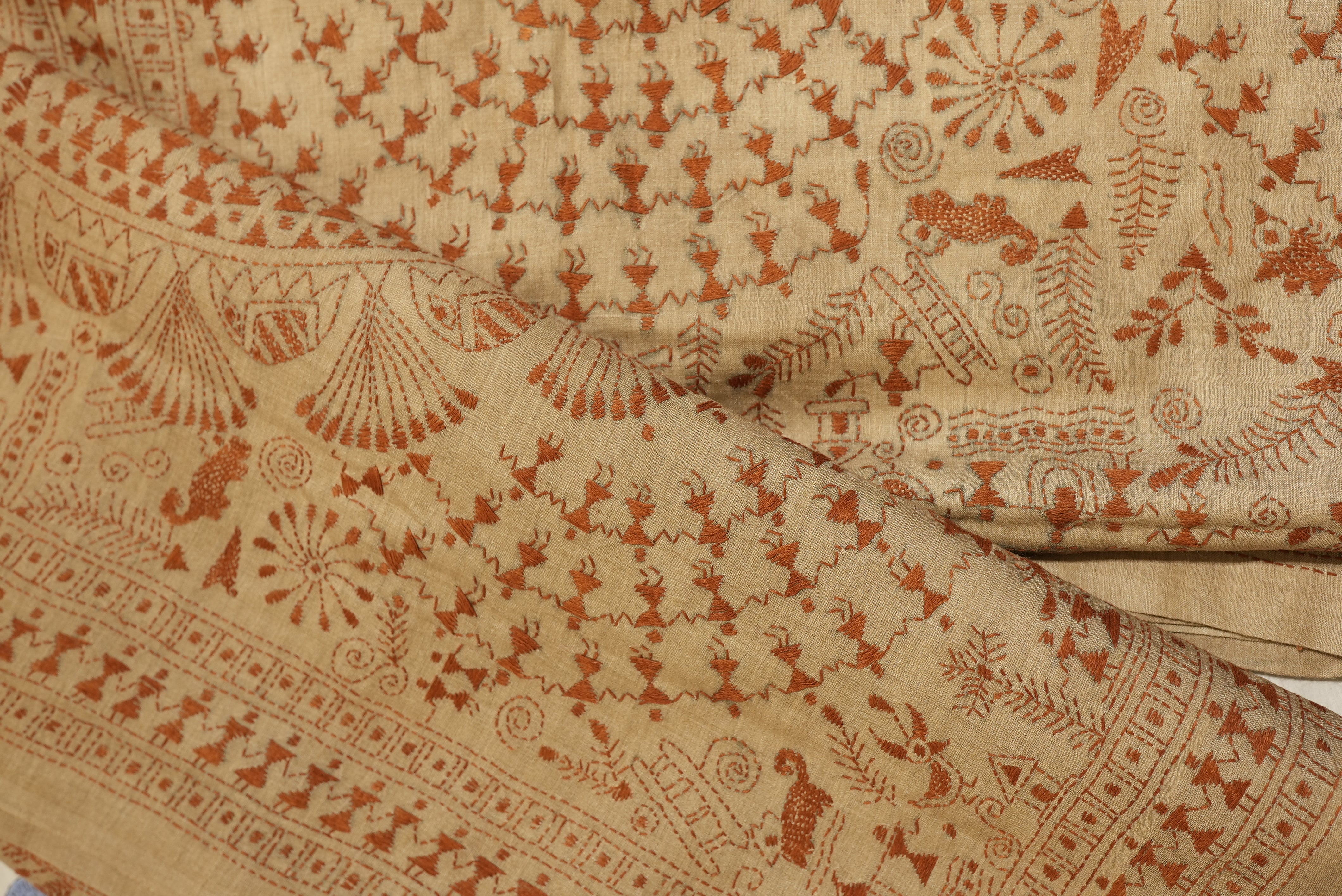 Tassar silk saree with hand embroidered warli art