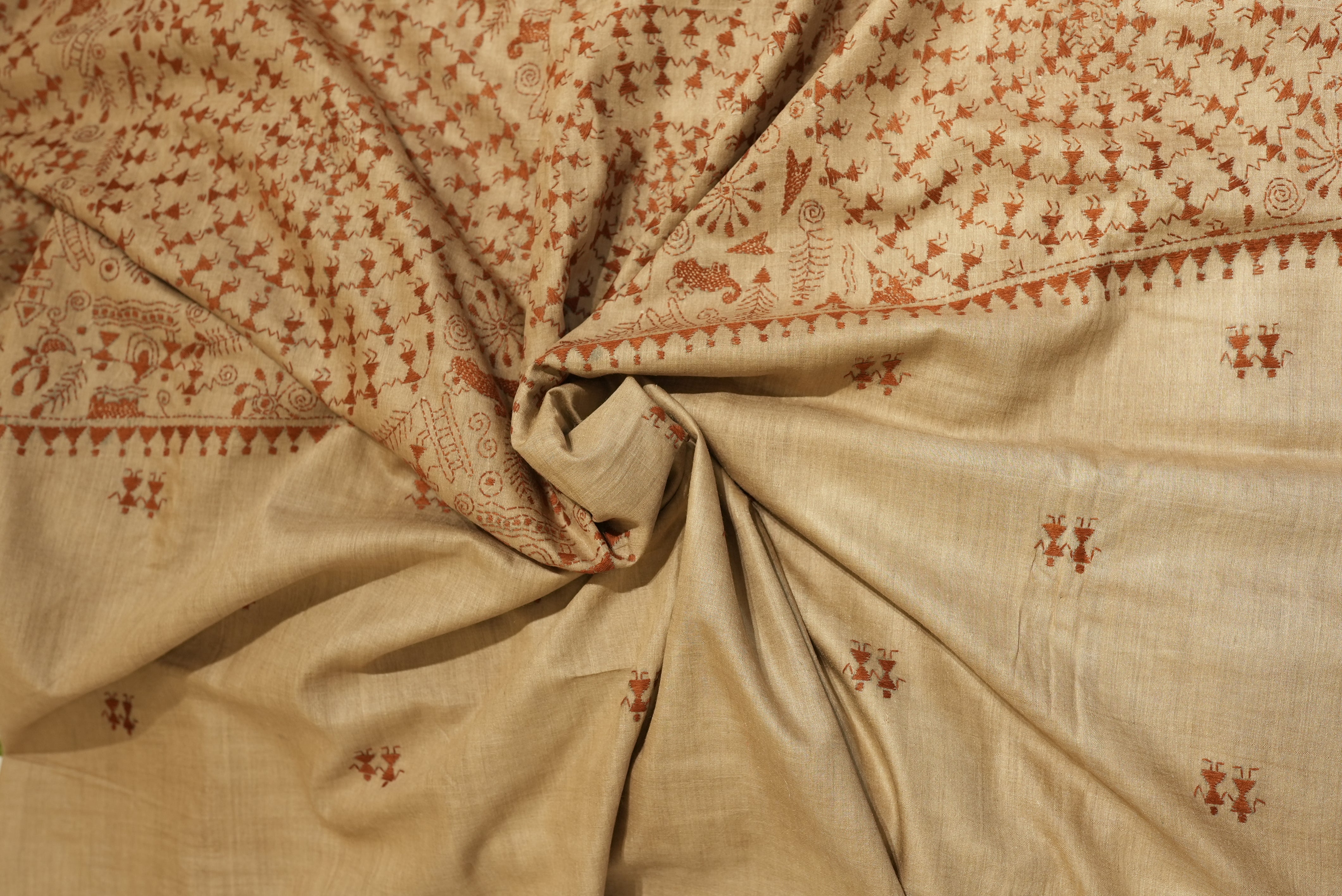 Tassar silk saree with hand embroidered warli art