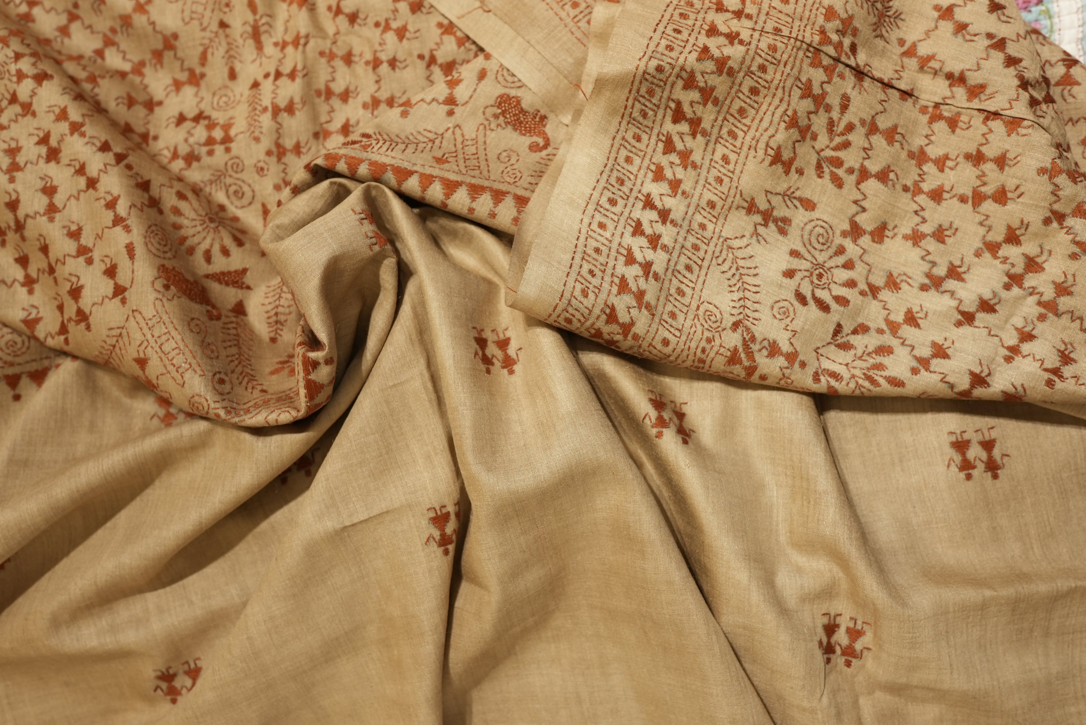 Tassar silk saree with hand embroidered warli art