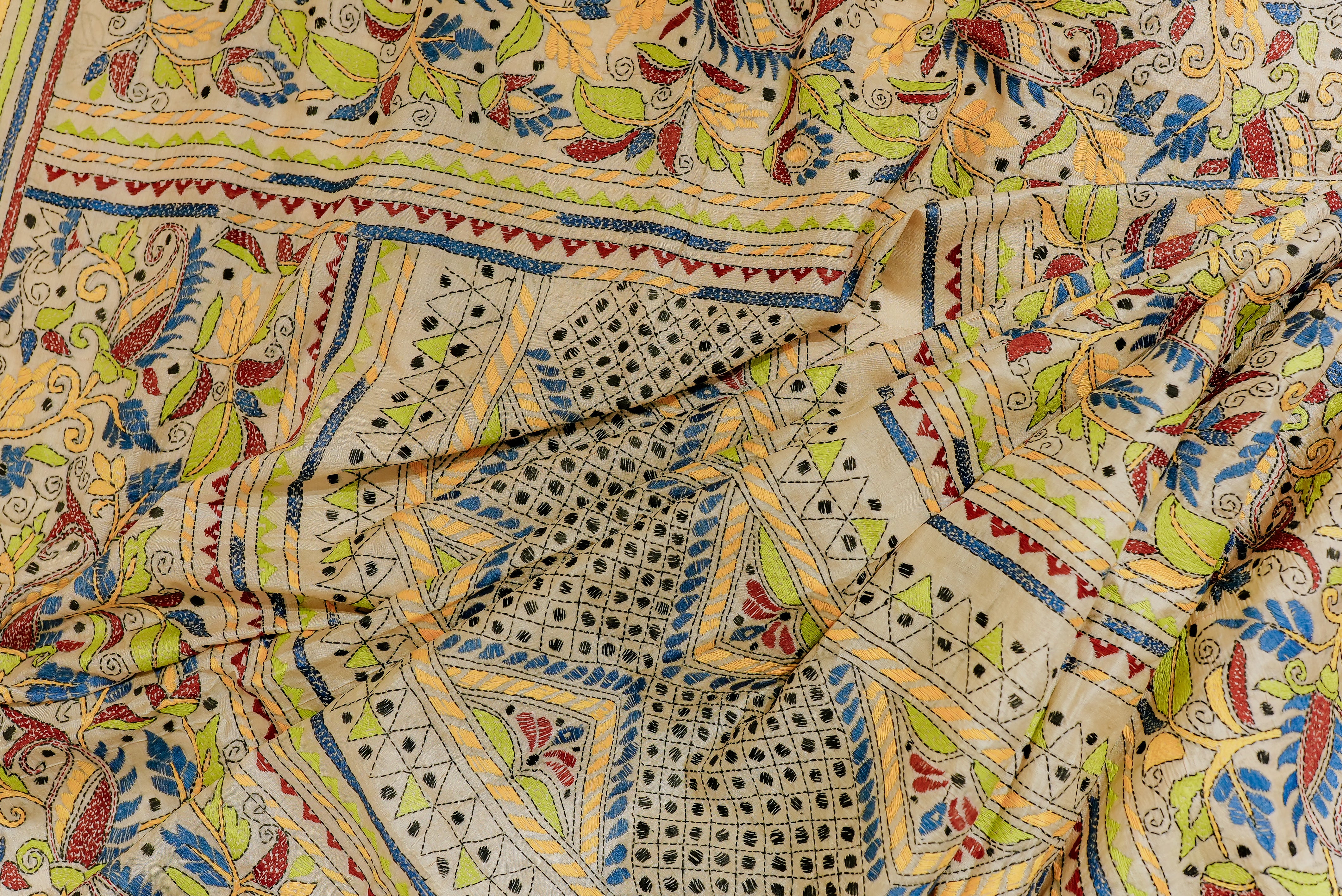 Beige Kantha tassar silk with