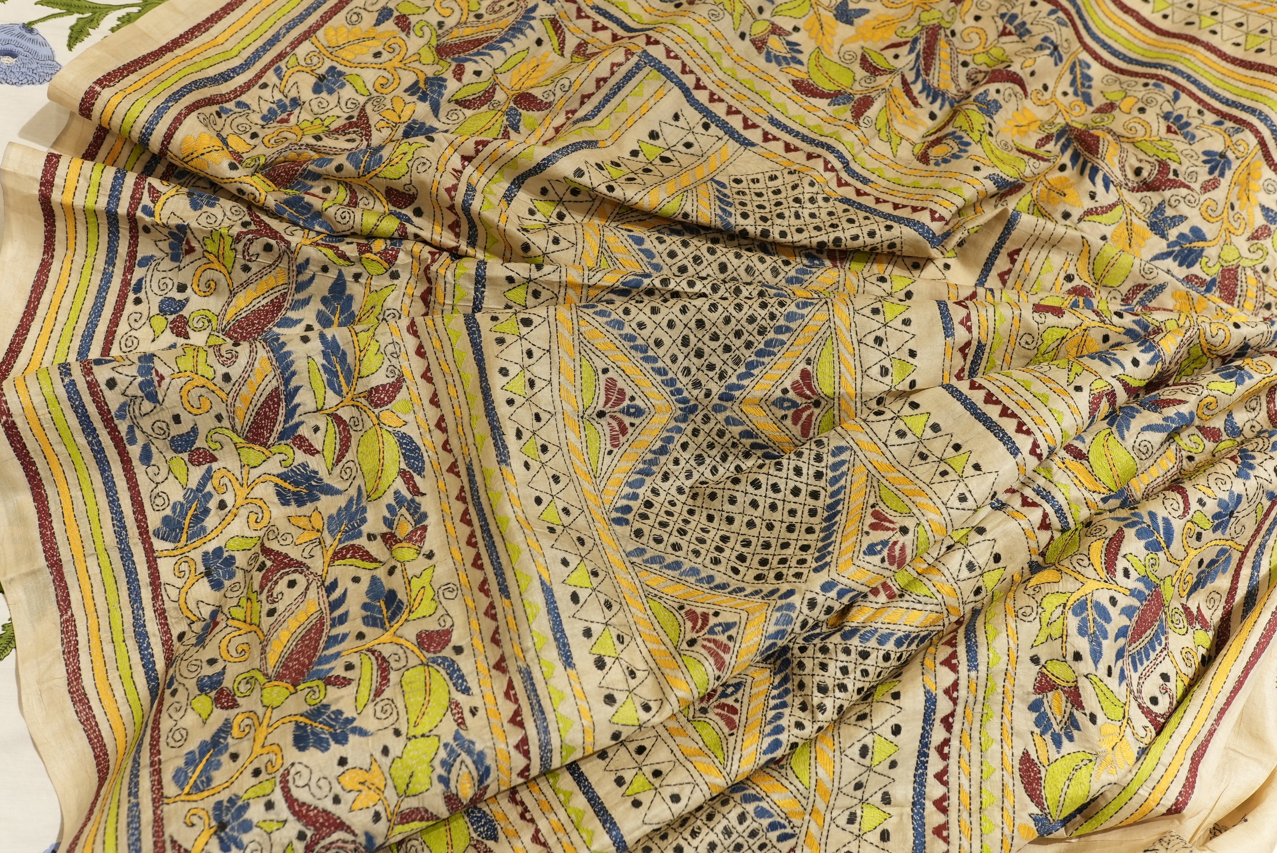 Beige tassar saree with full kantha work