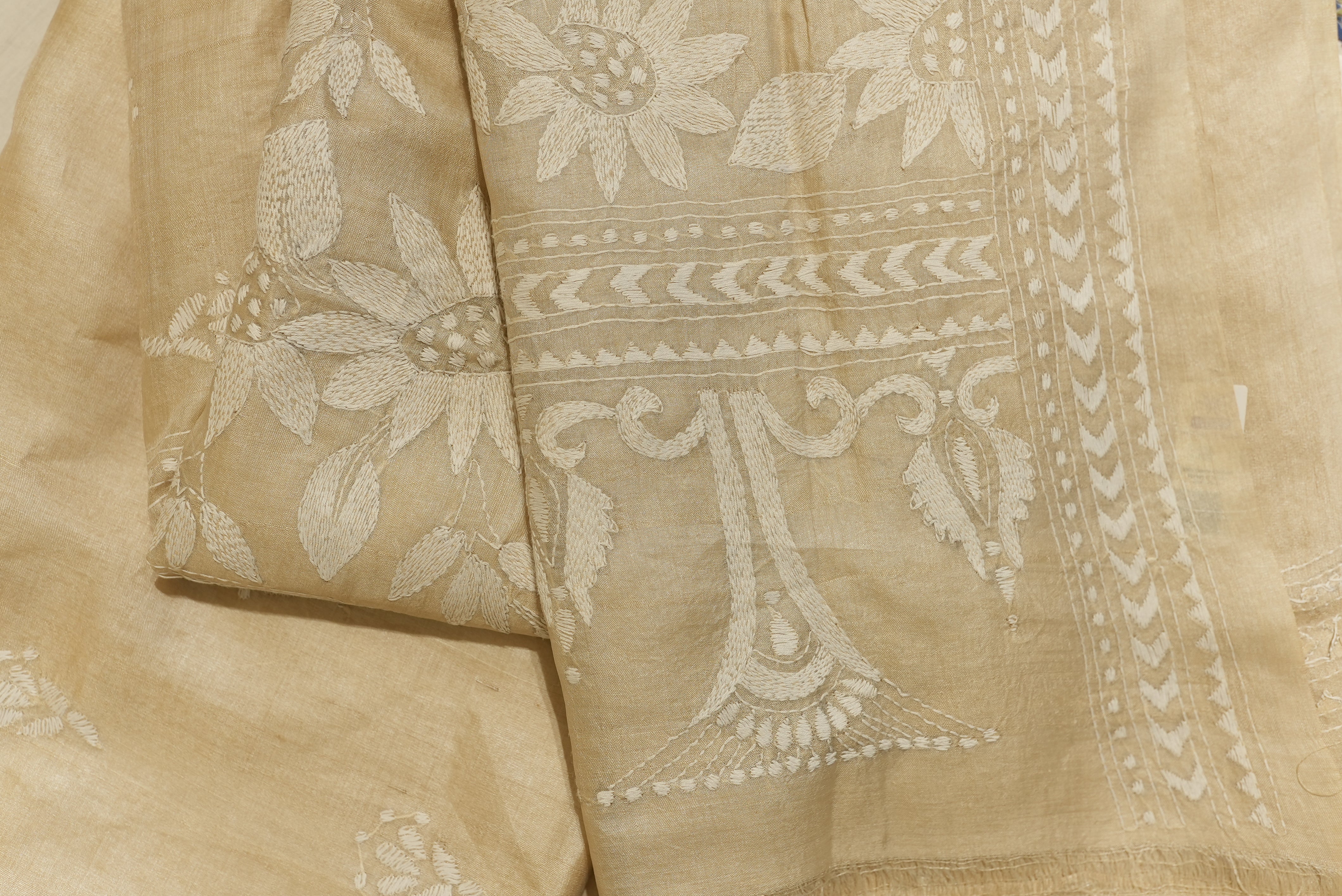 Beige tassar chikankari saree