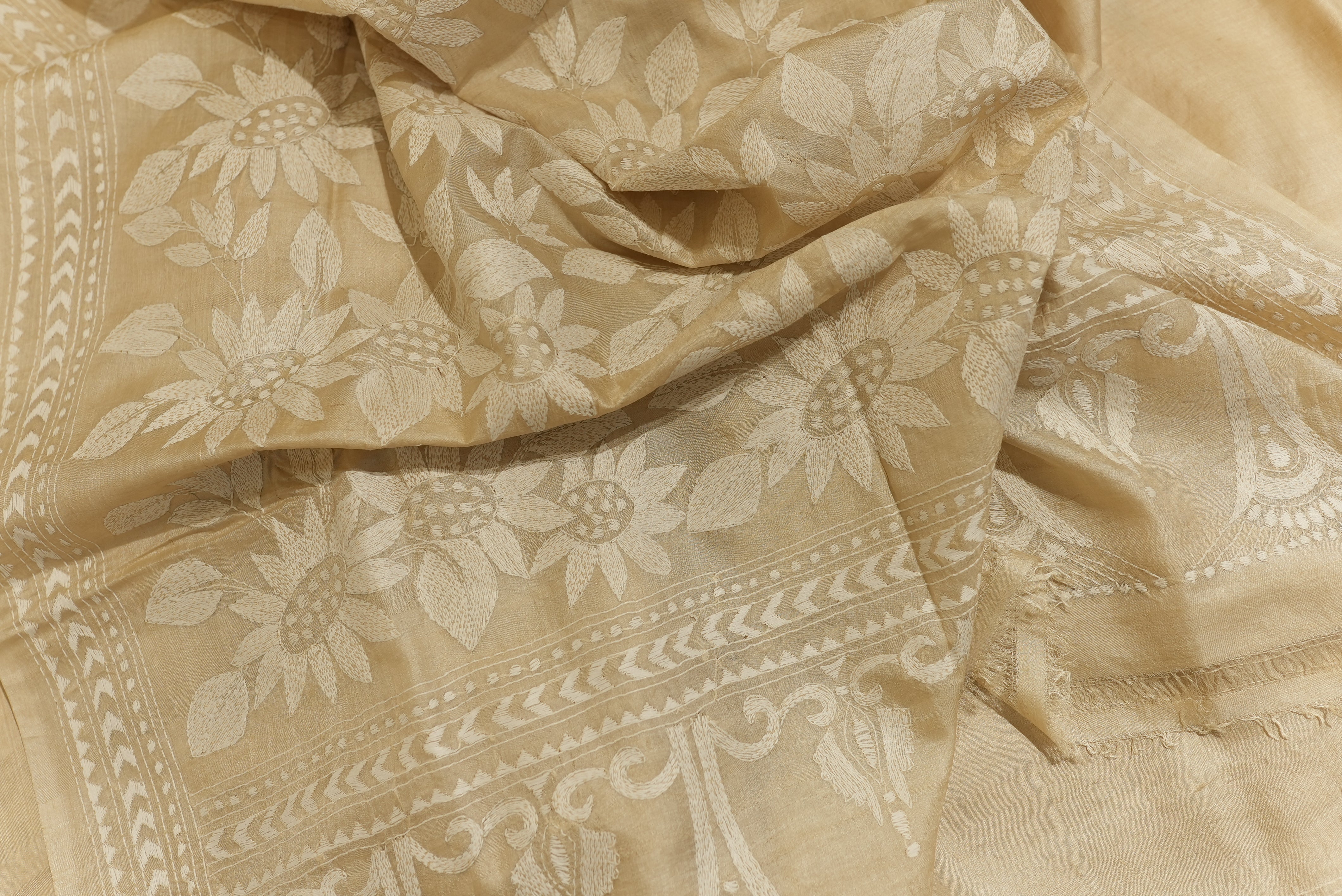Beige tassar chikankari saree