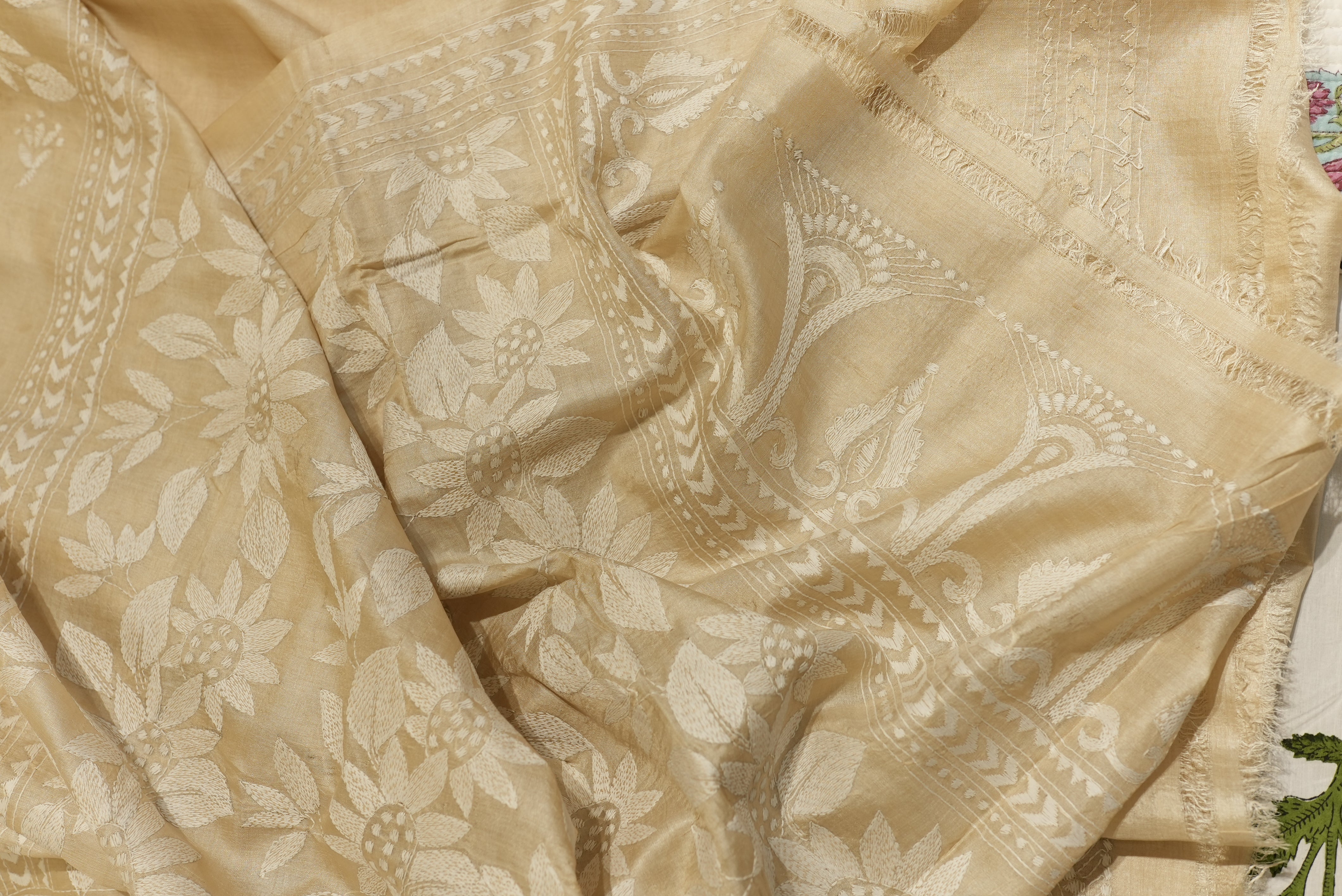 Beige tassar chikankari saree