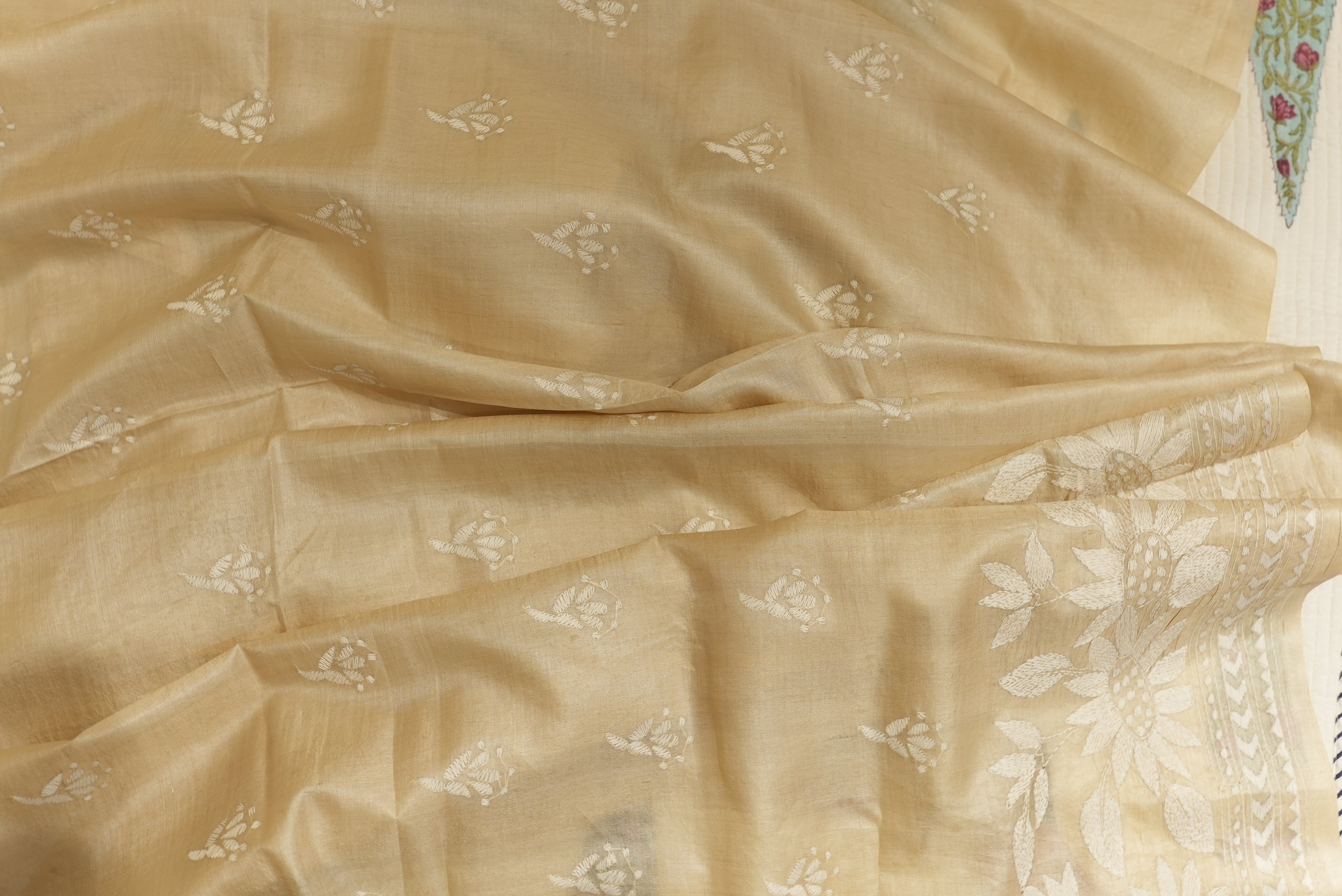 Beige tassar chikankari saree