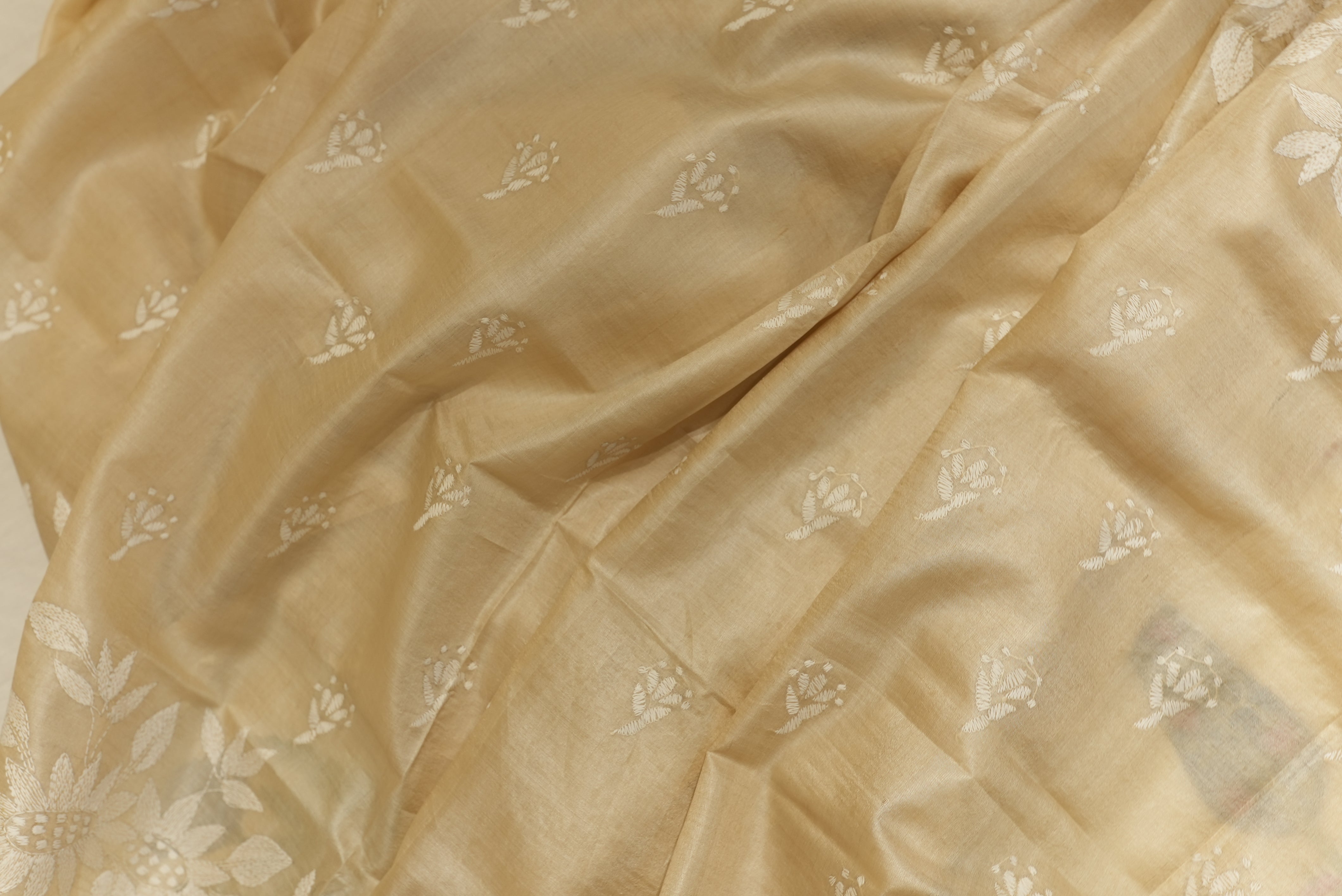 Beige tassar chikankari saree