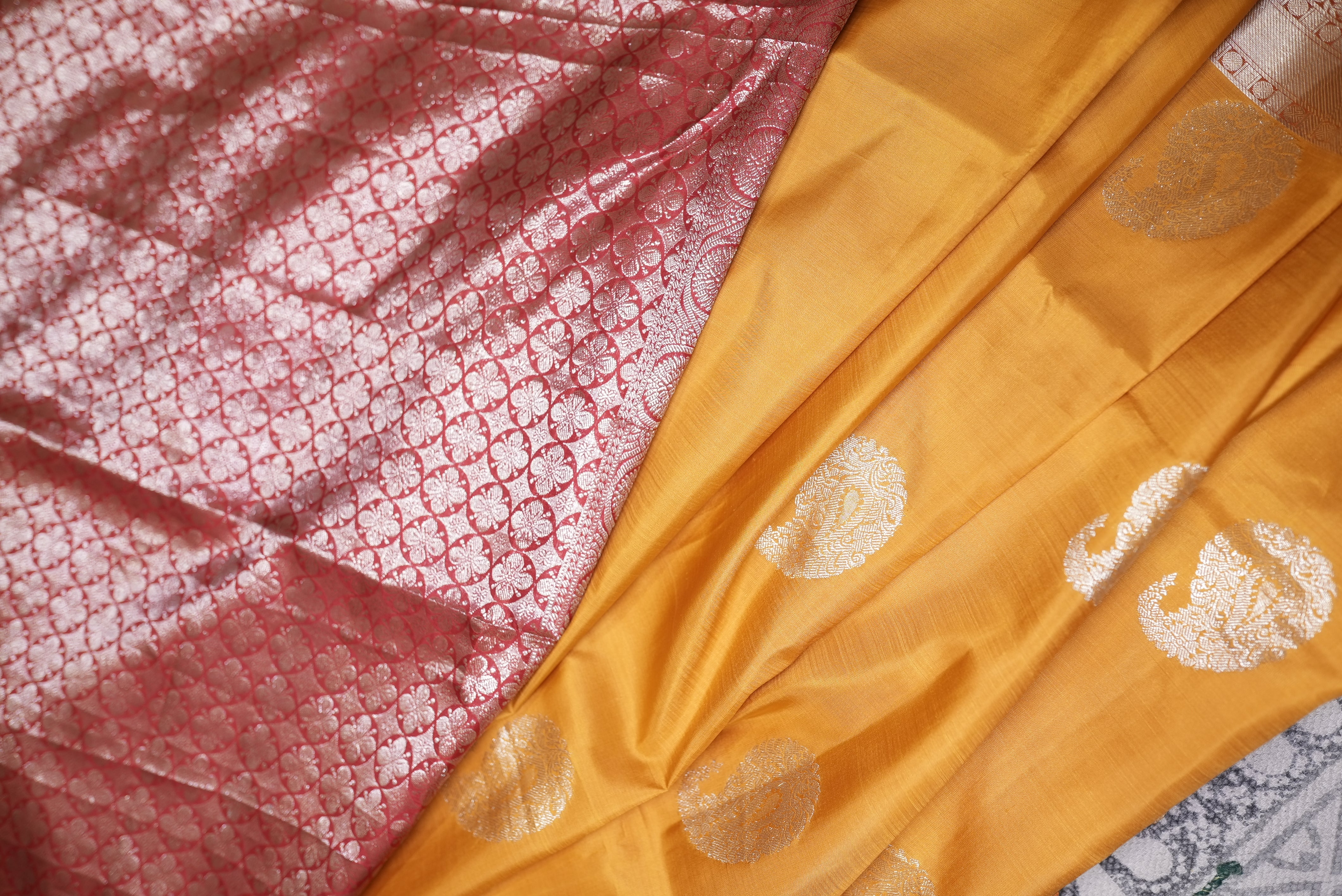 Mustard yellow with red boarder banarasi