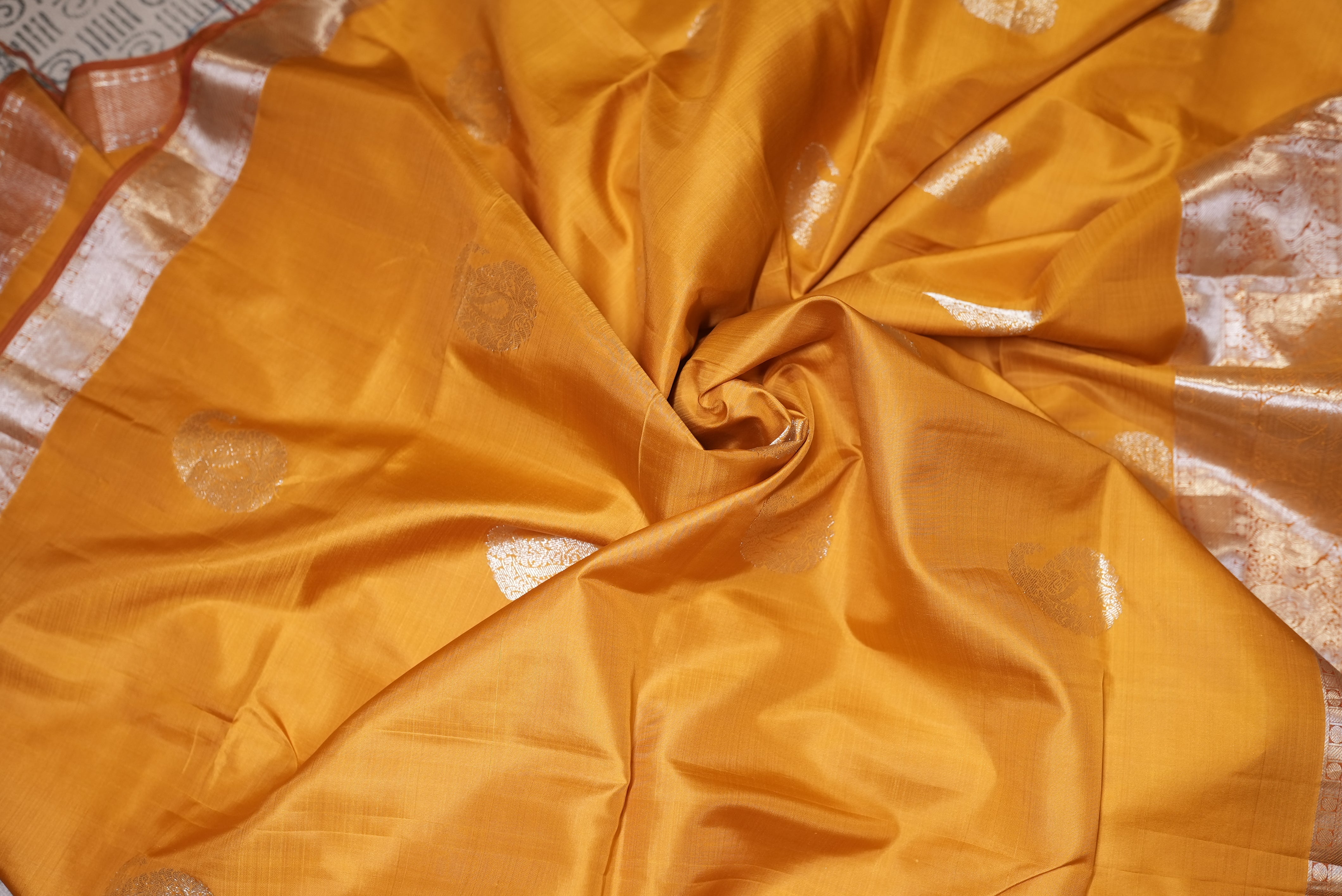 Mustard yellow with red boarder banarasi