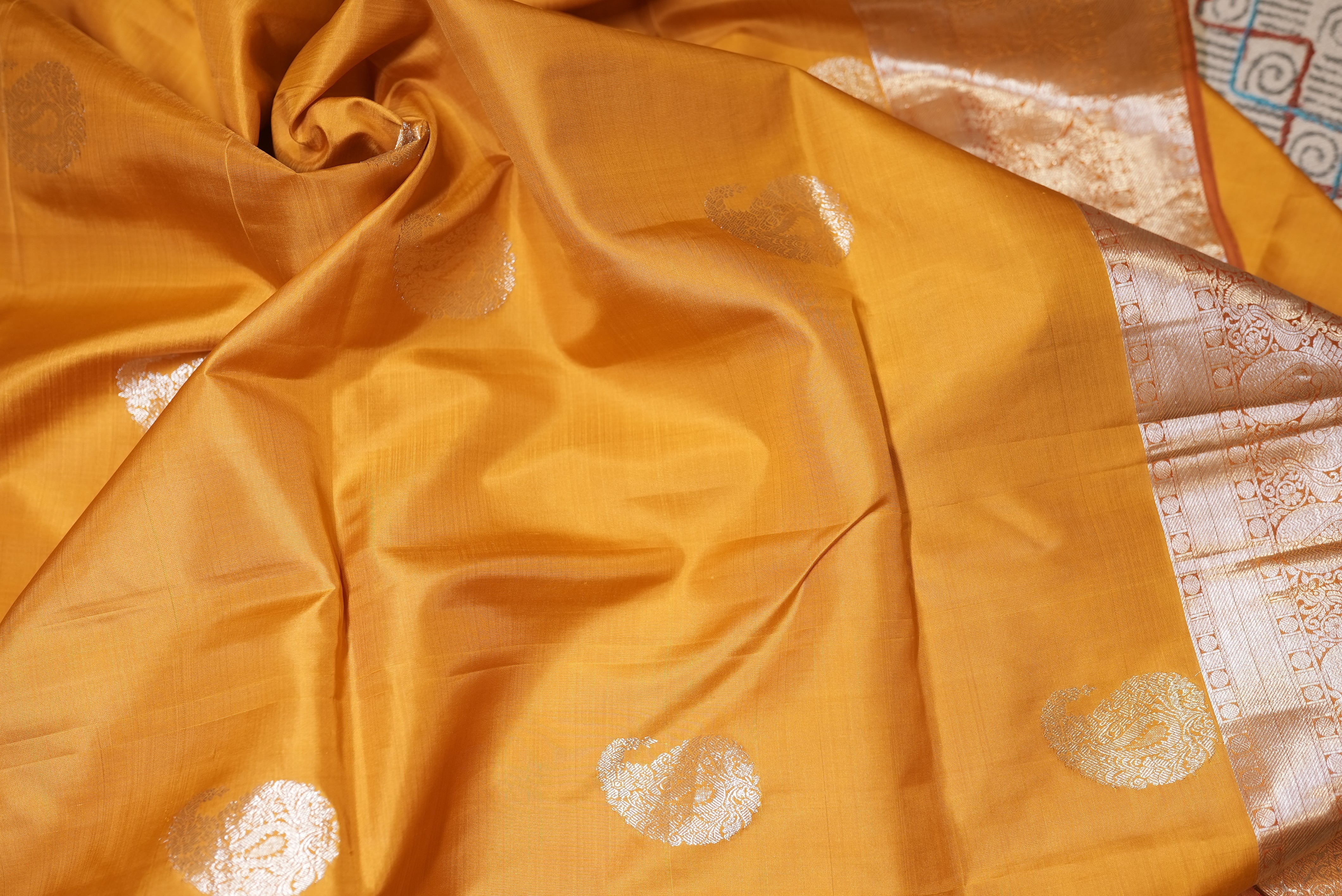 Mustard yellow with red boarder banarasi