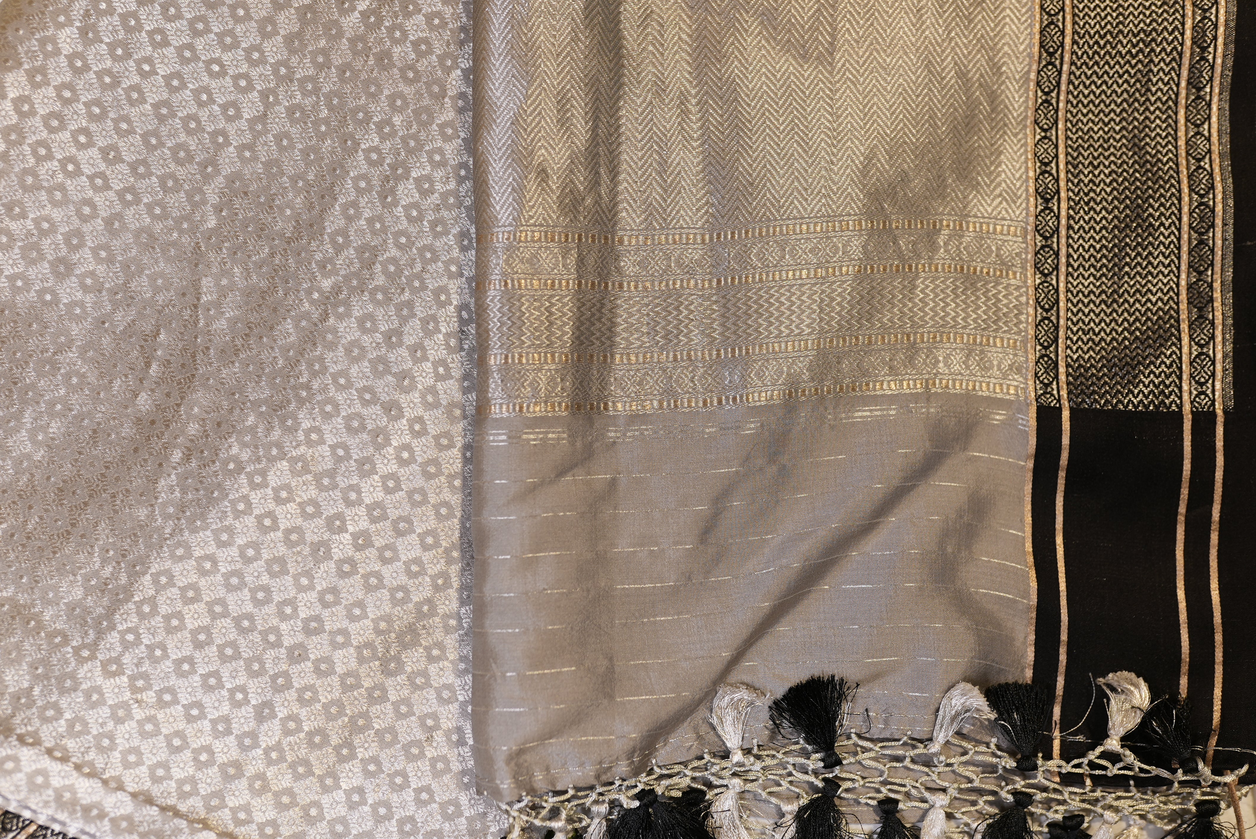 Grey with black boarder banarasi saree