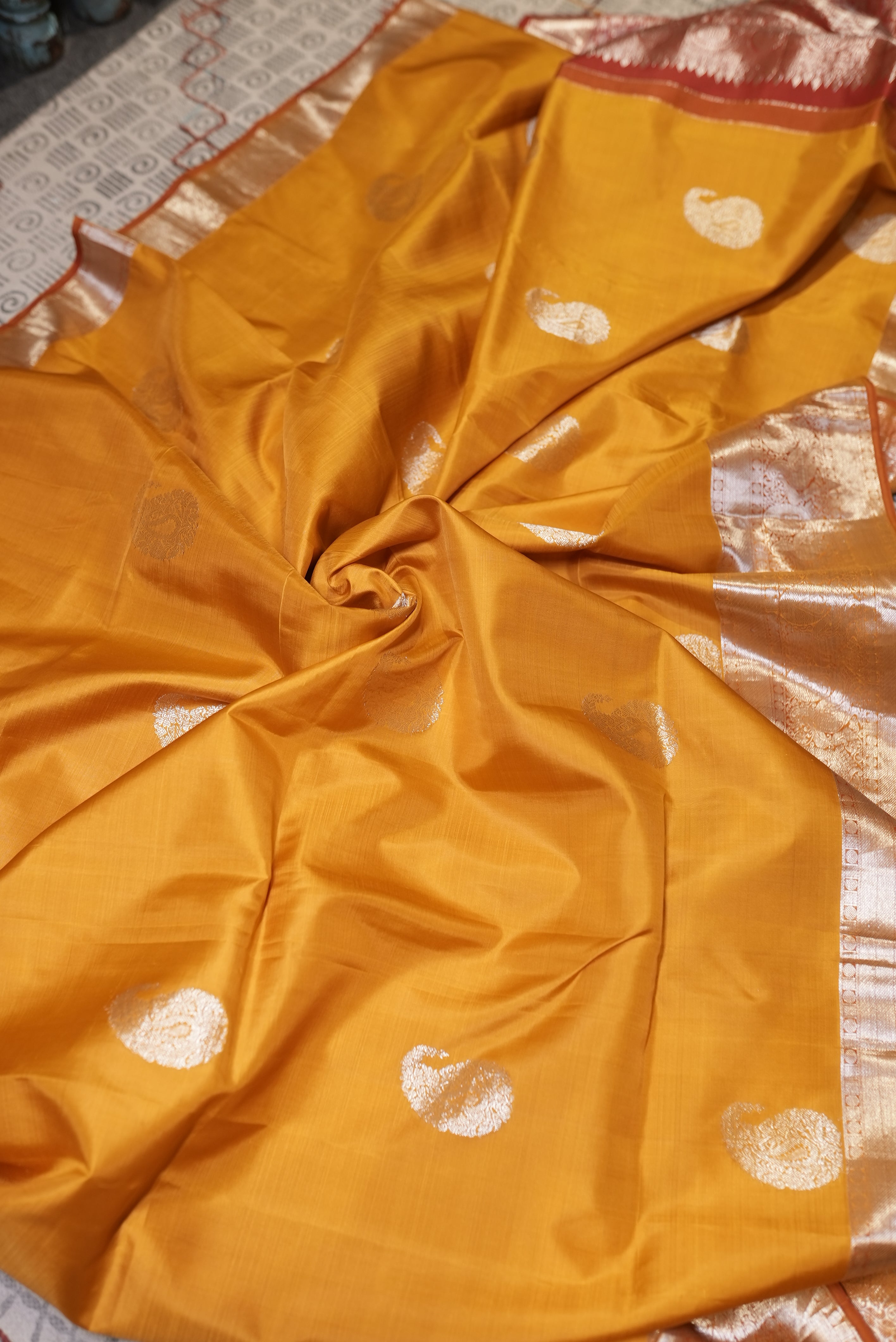 Mustard yellow with red boarder banarasi