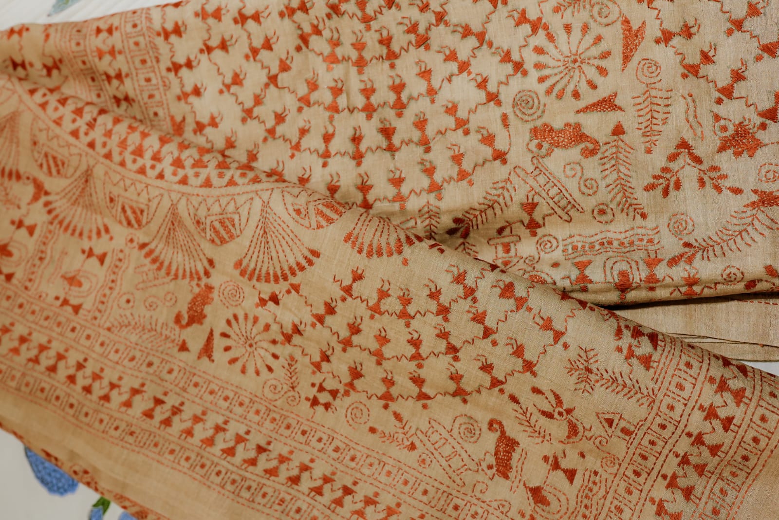 Tassar silk saree with hand embroidered warli art