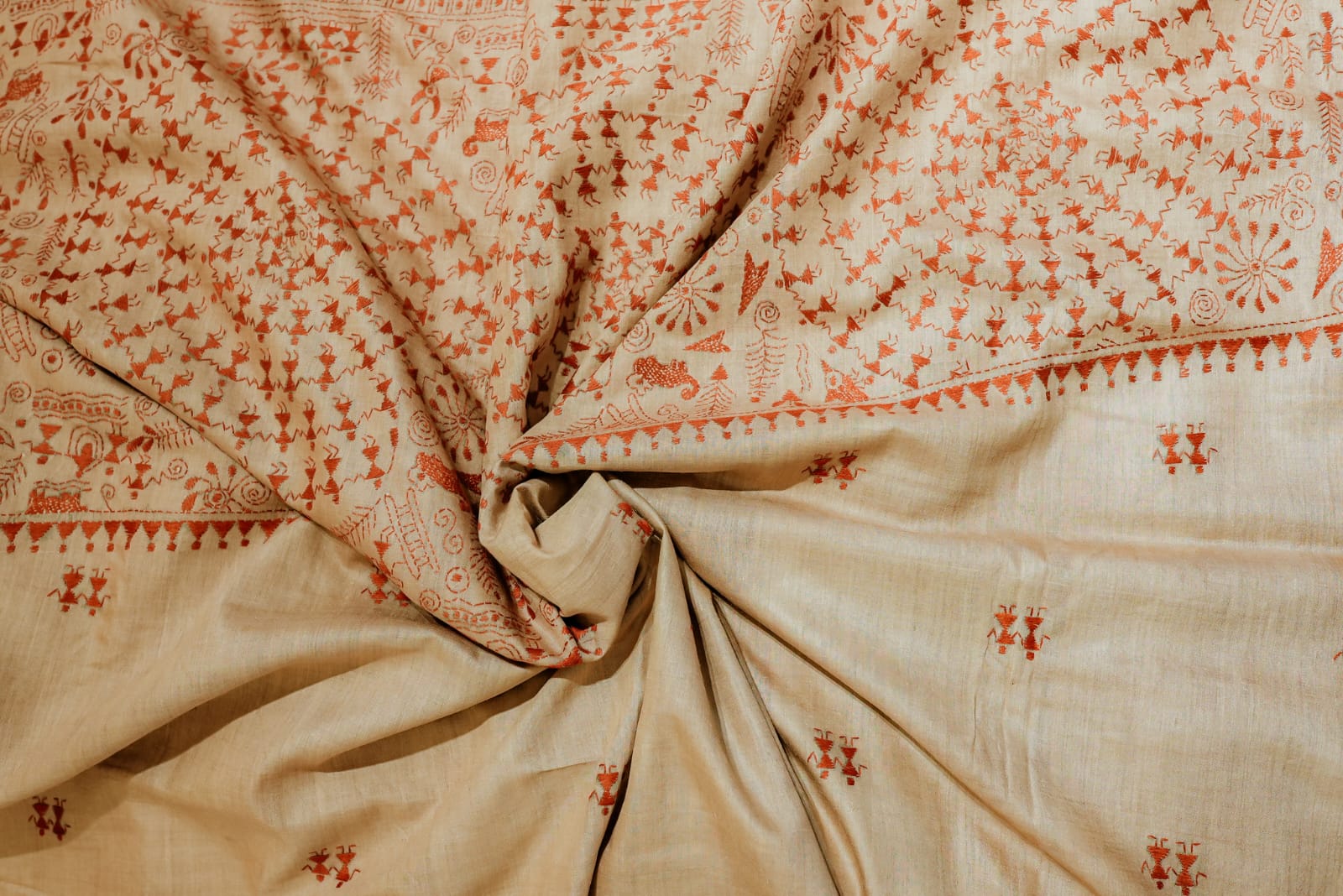 Tassar silk saree with hand embroidered warli art