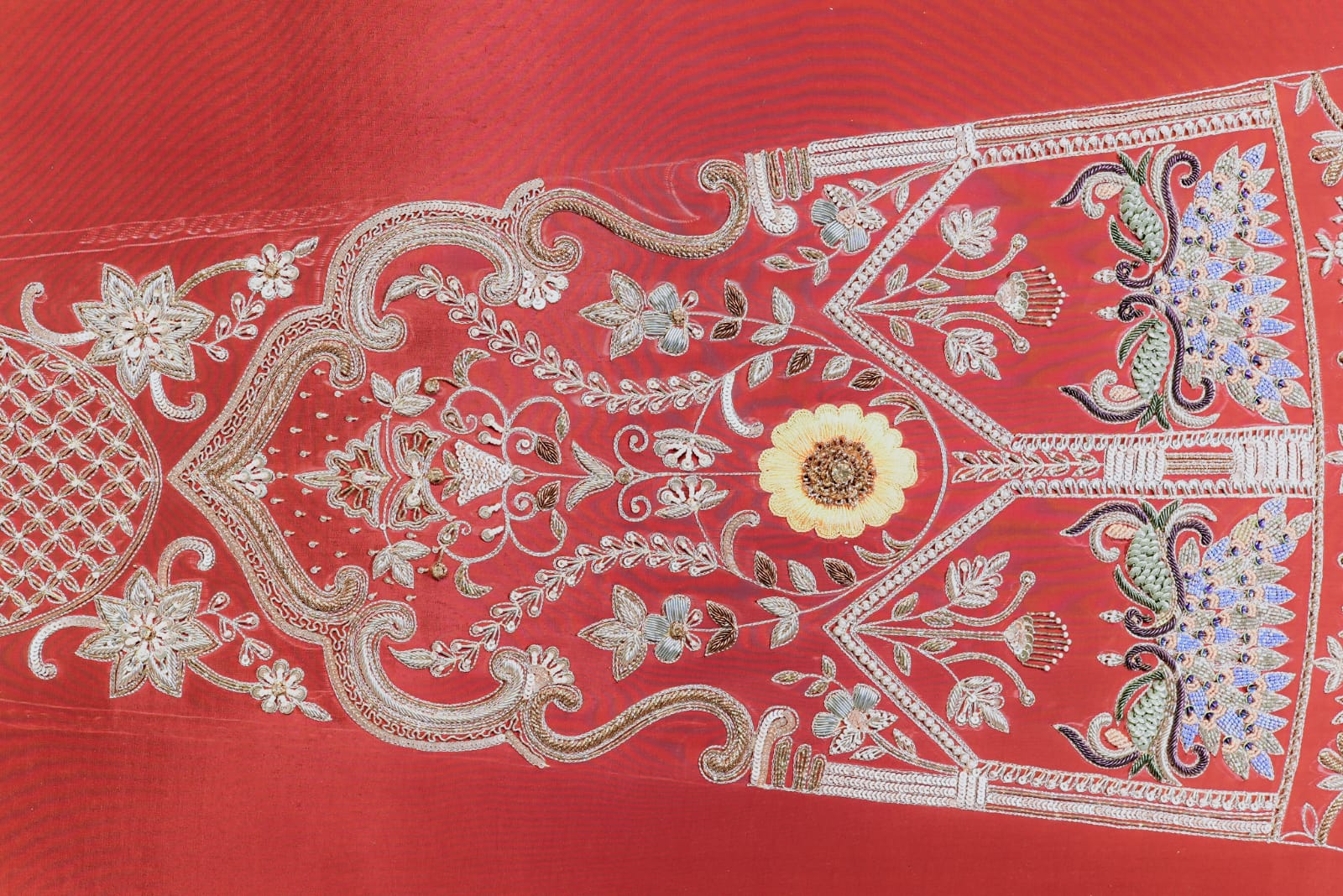 Red banarasi saree with golden motifs and beautiful boarder full jaal