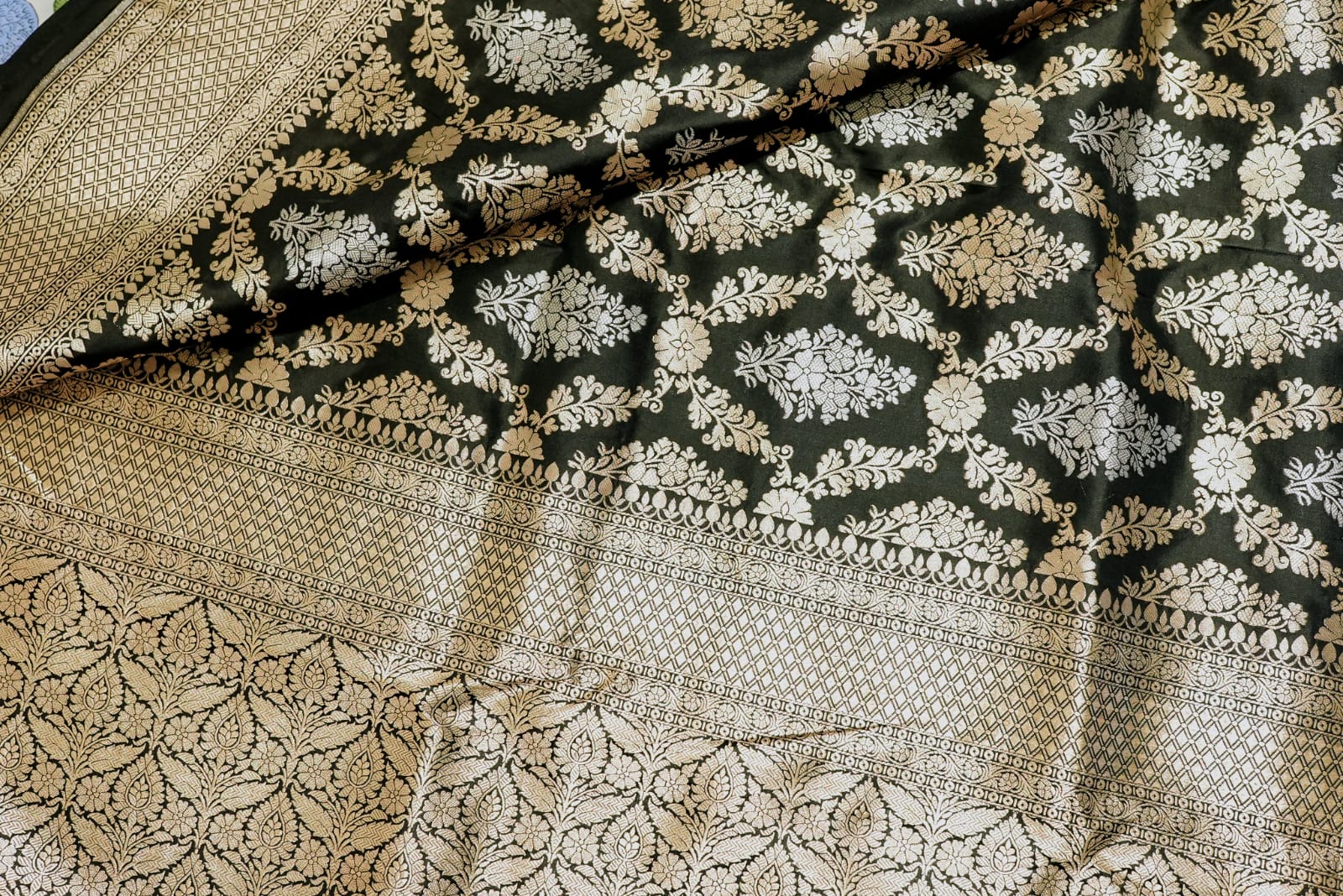 Black banarasi saree with zari motifs and boarder