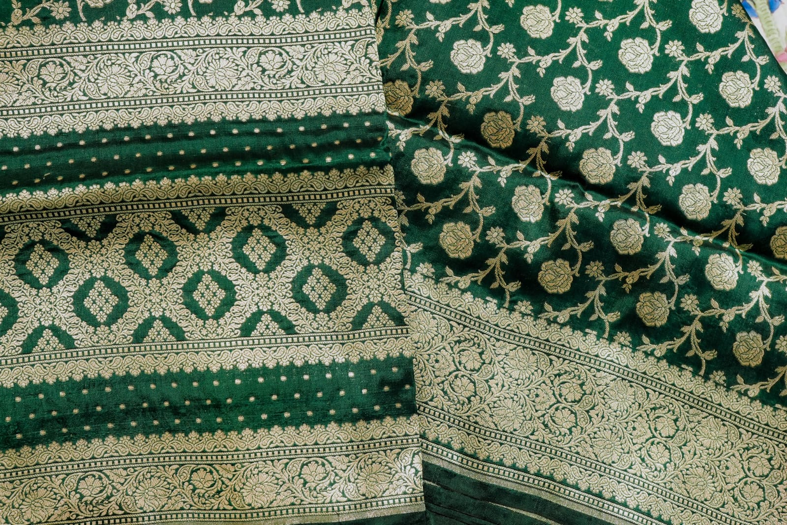 Bottle green banarasi saree with gold zari floral jaal and boarder