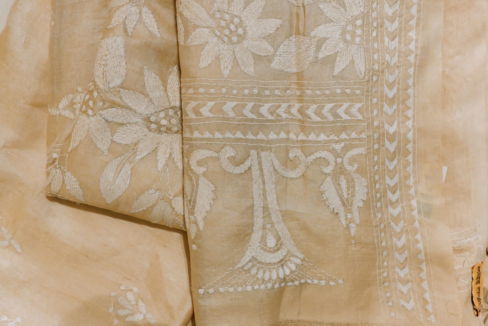 Beige tassar chikankari saree