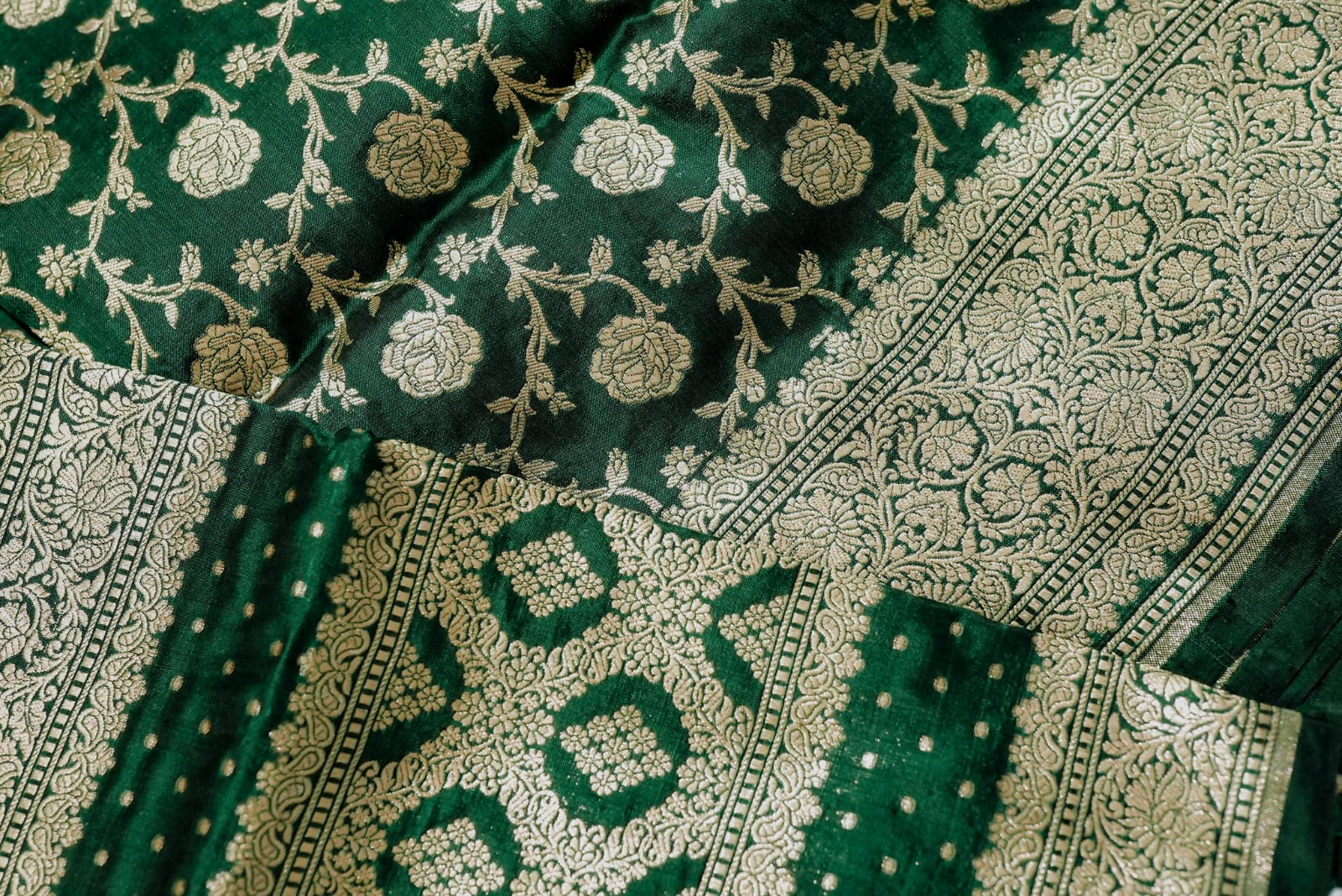 Bottle green banarasi saree with gold zari floral jaal and boarder