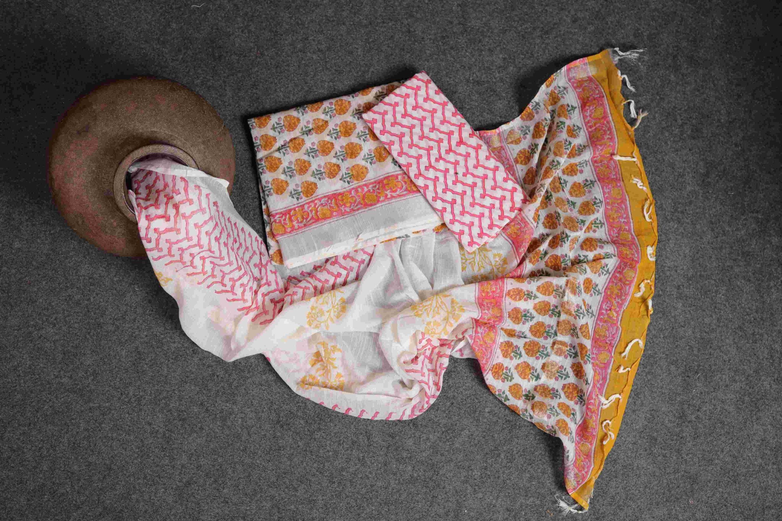 white and pink linen Hand-Block Printed Suit