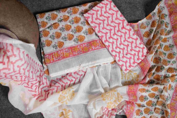 white and pink linen Hand-Block Printed Suit