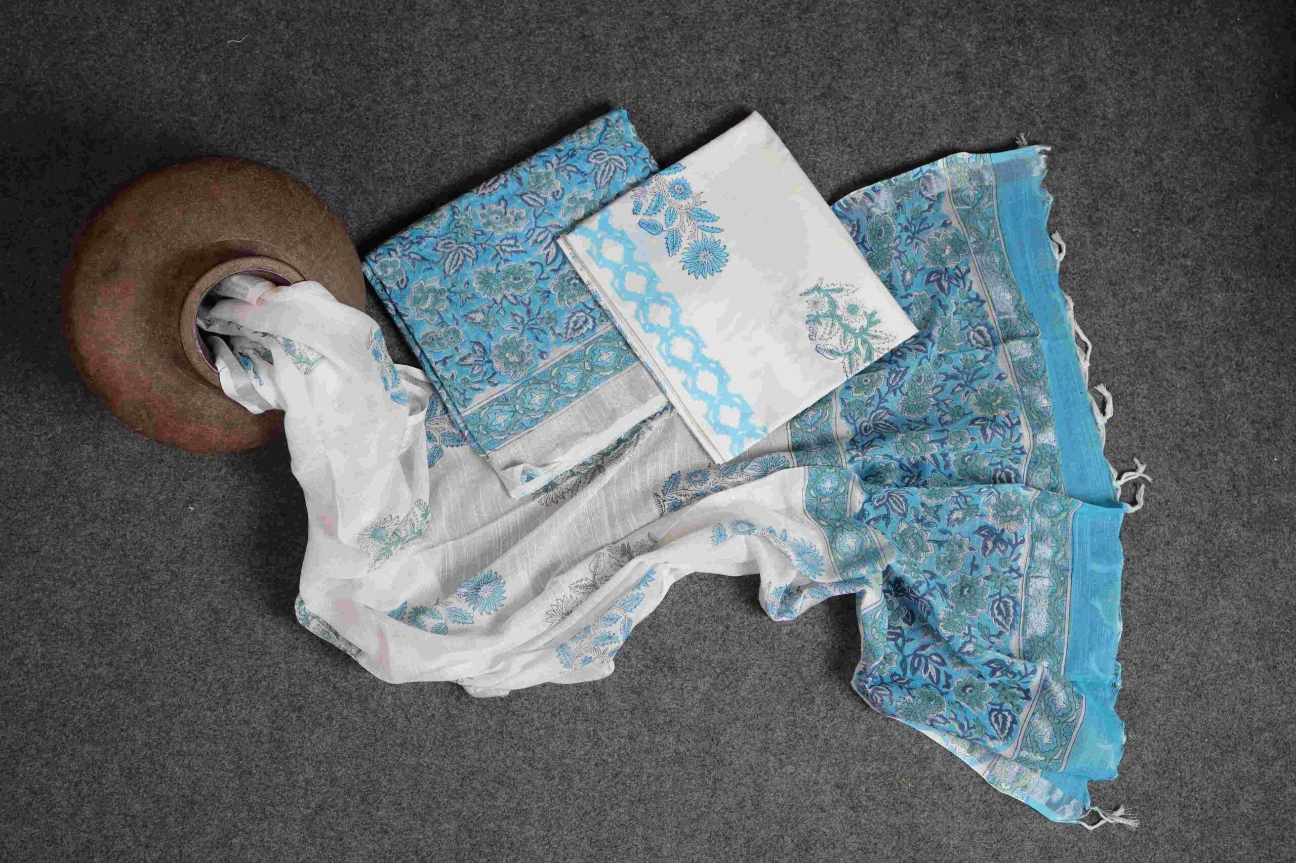 sky blue pure linen sanganeri block printed suit