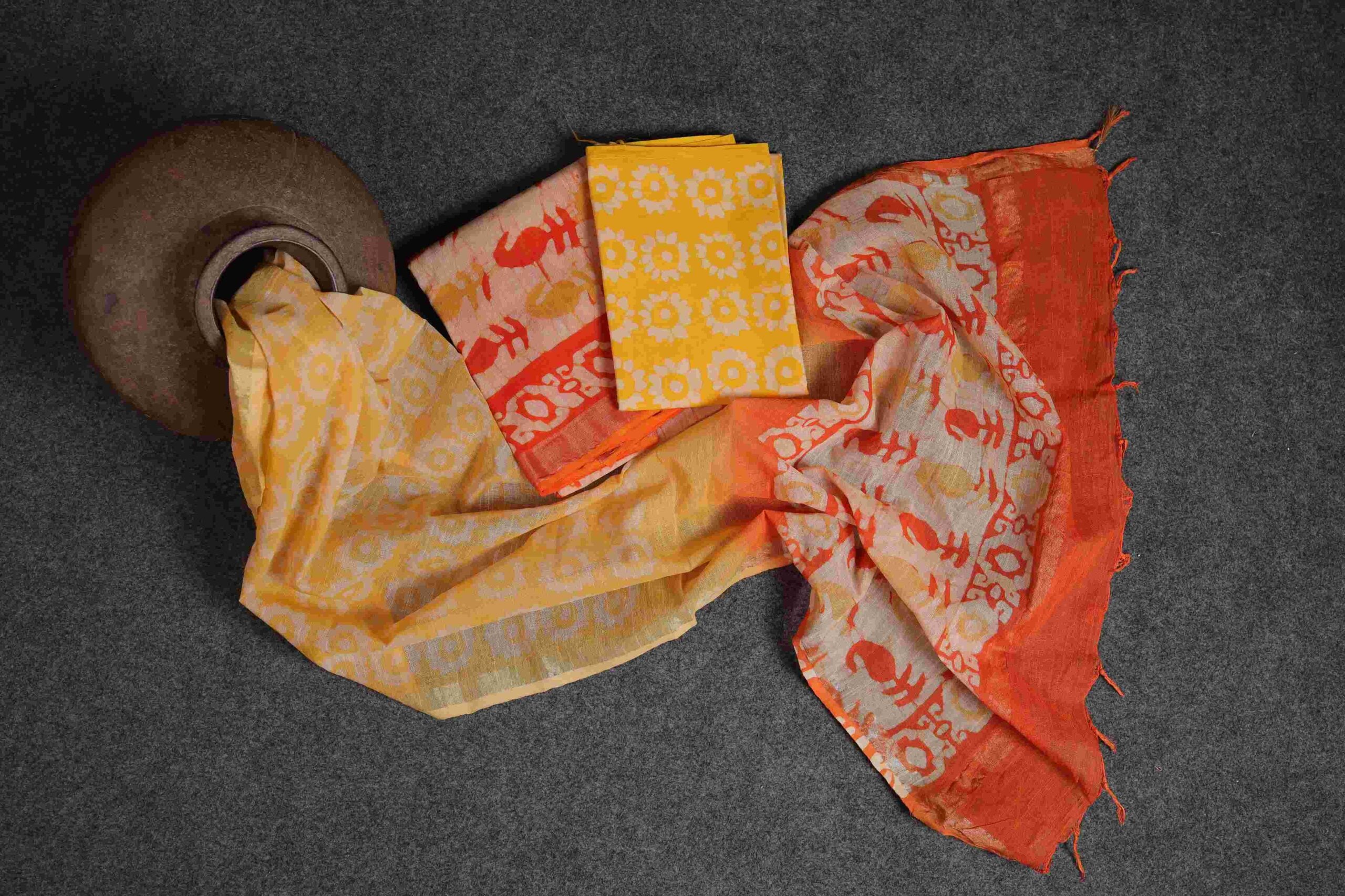 yellow and orange pure linen sanganeri block print suit