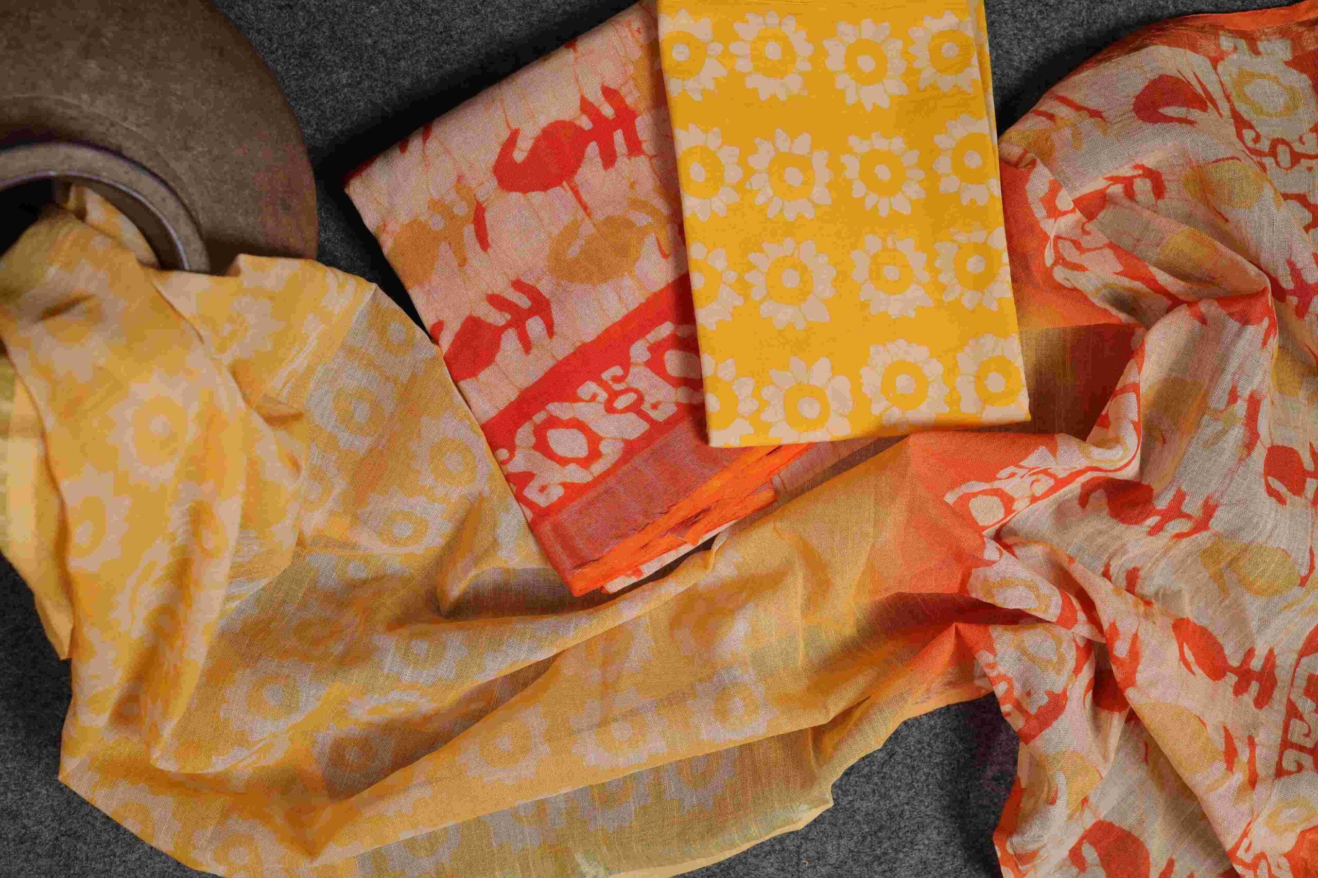 yellow and orange pure linen sanganeri block print suit