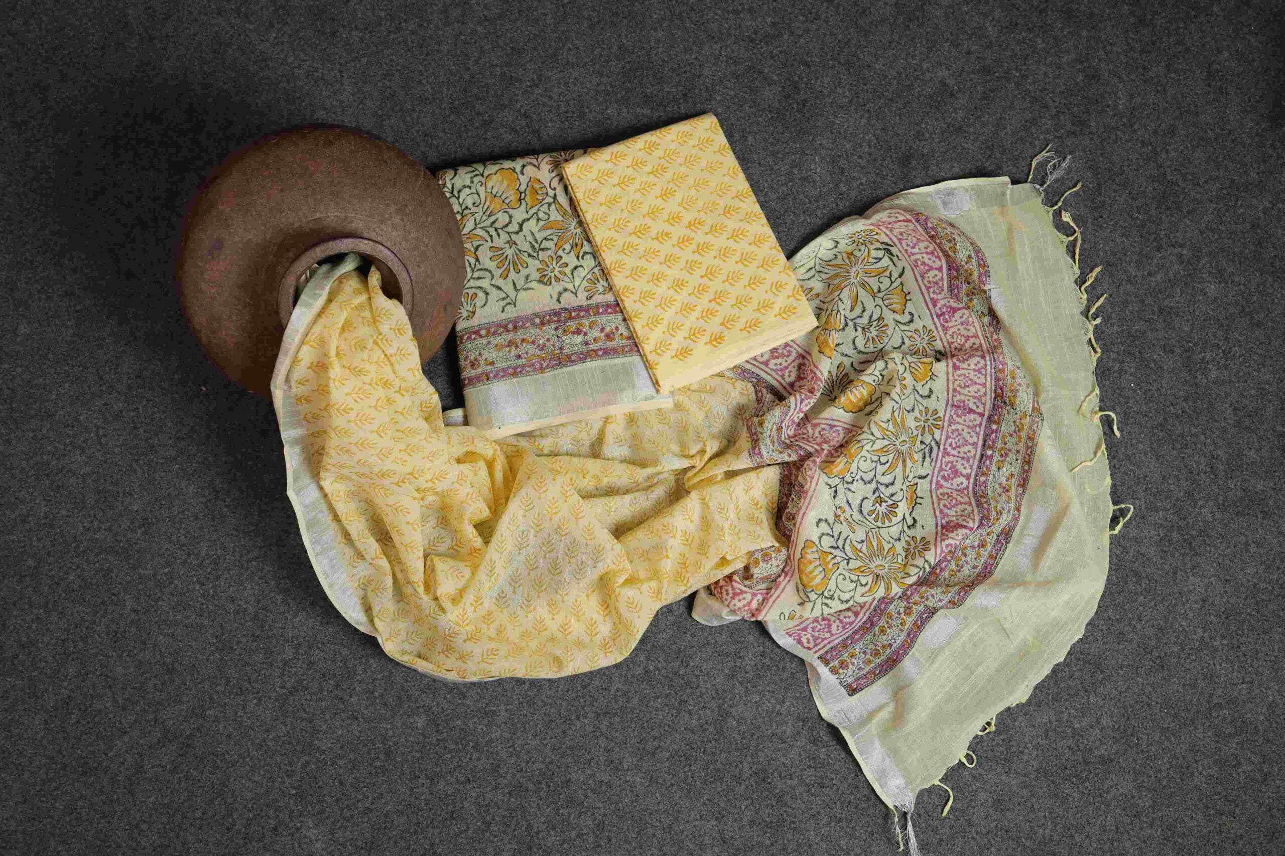 yellow Hand-Block Printed Suit