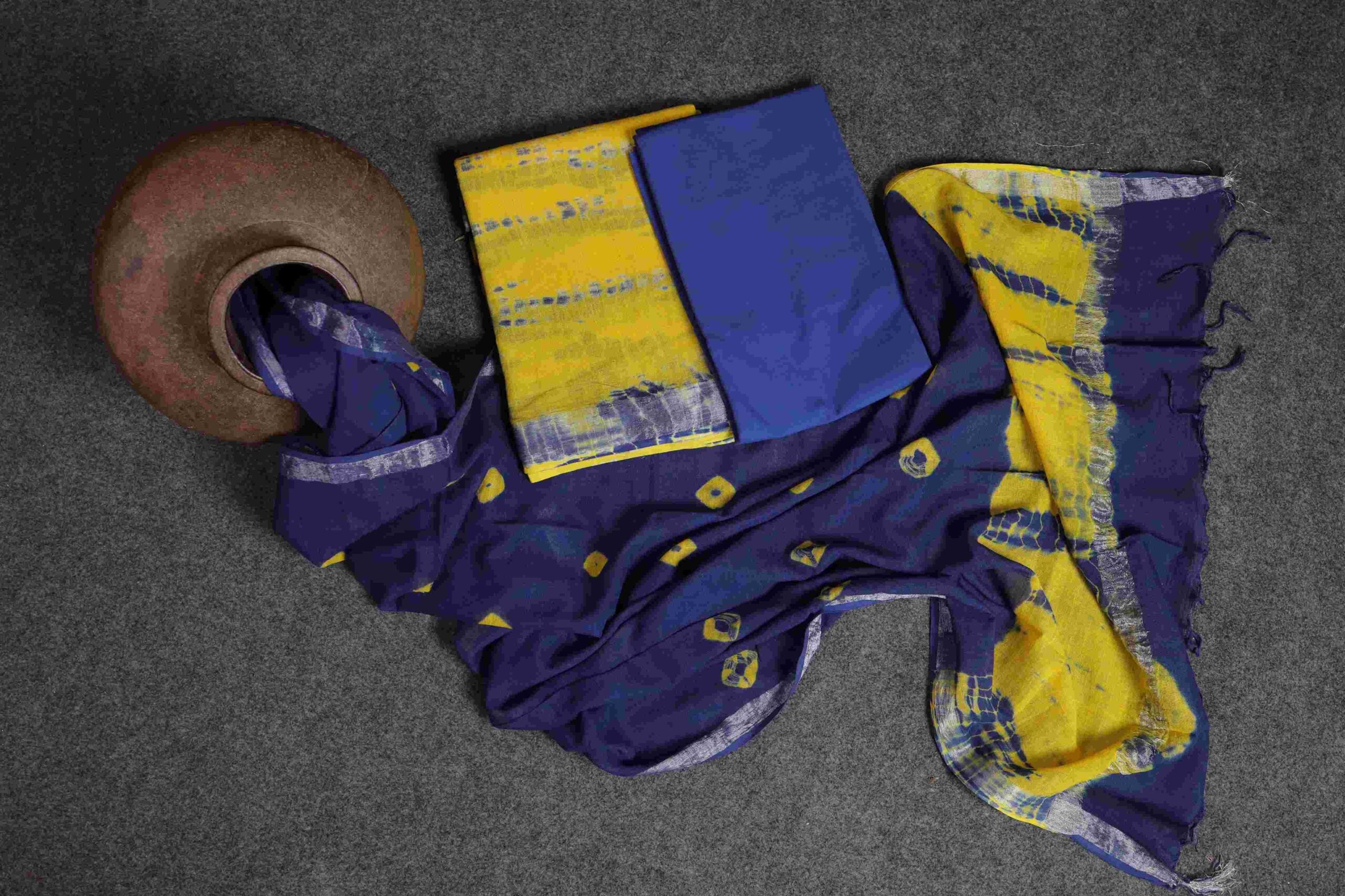 pure linen shibori yellow and blue suit with banshee dupatta