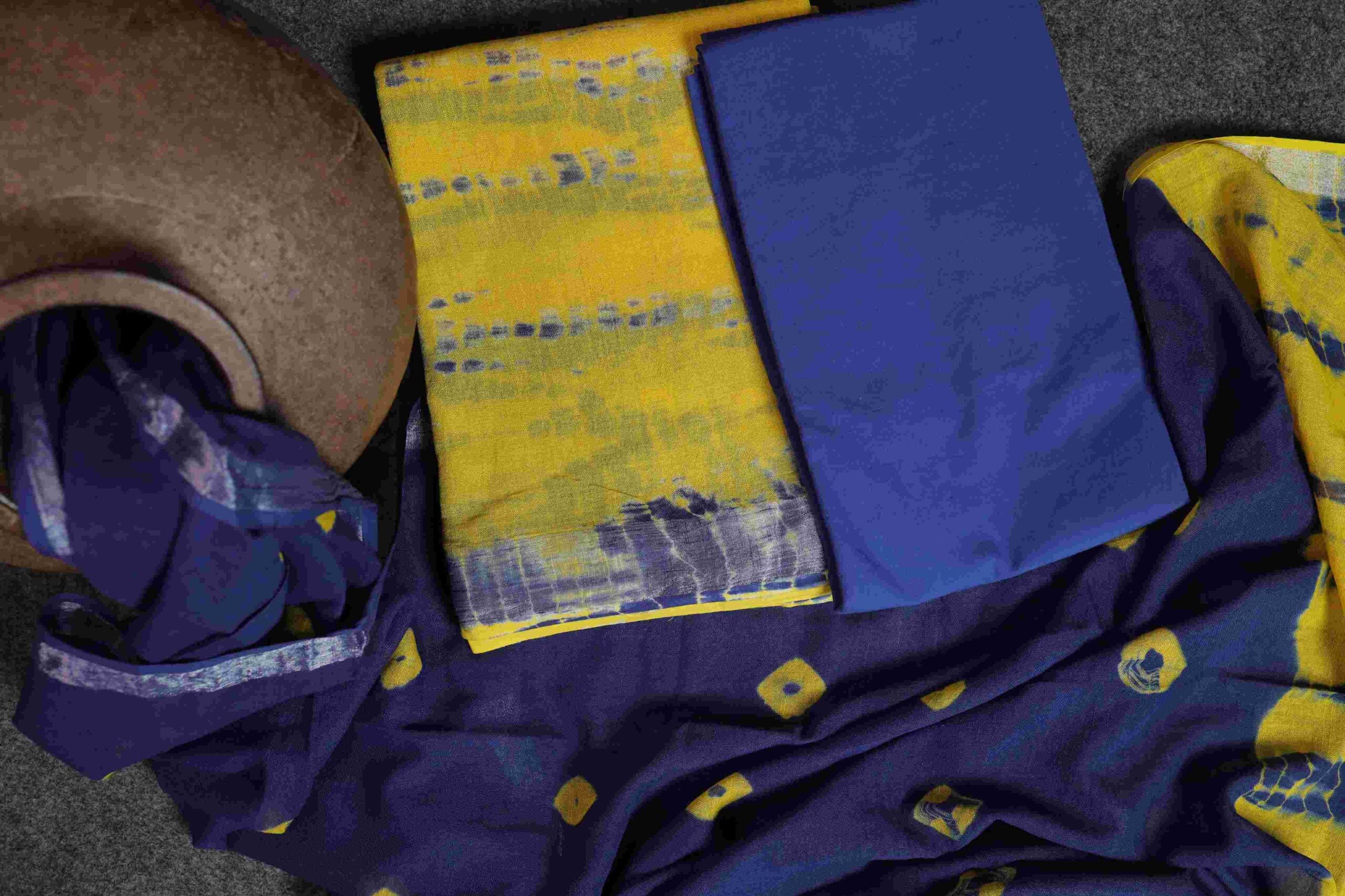 pure linen shibori yellow and blue suit with banshee dupatta